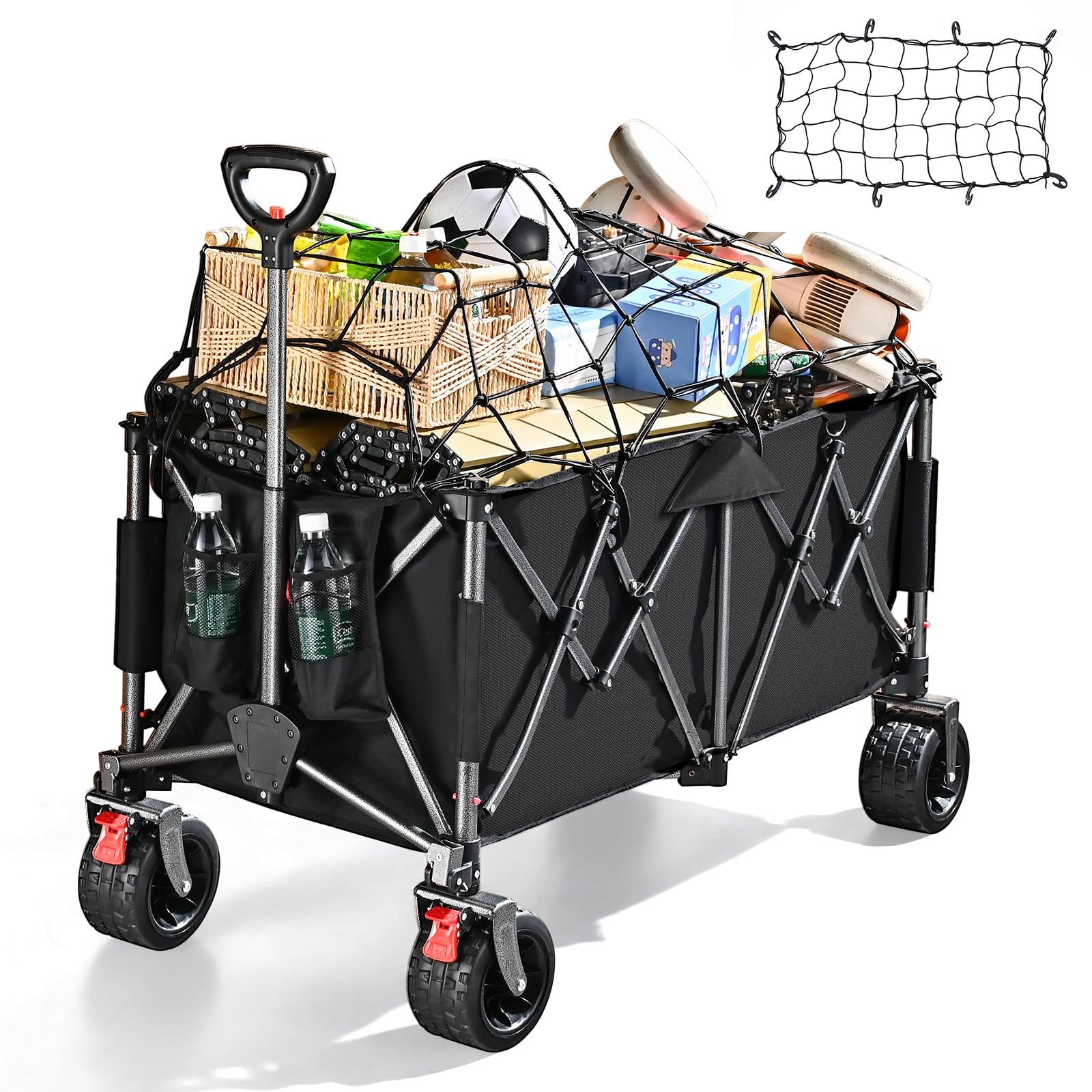 YEAUPE PRO Carro Playa Plegable con Ruedas Anchas y Frenos 255L Negro | Capacidad de 150 kg, estructura reforzada con doble freno y mango ajustable para playa, camping y actividades exteriores
