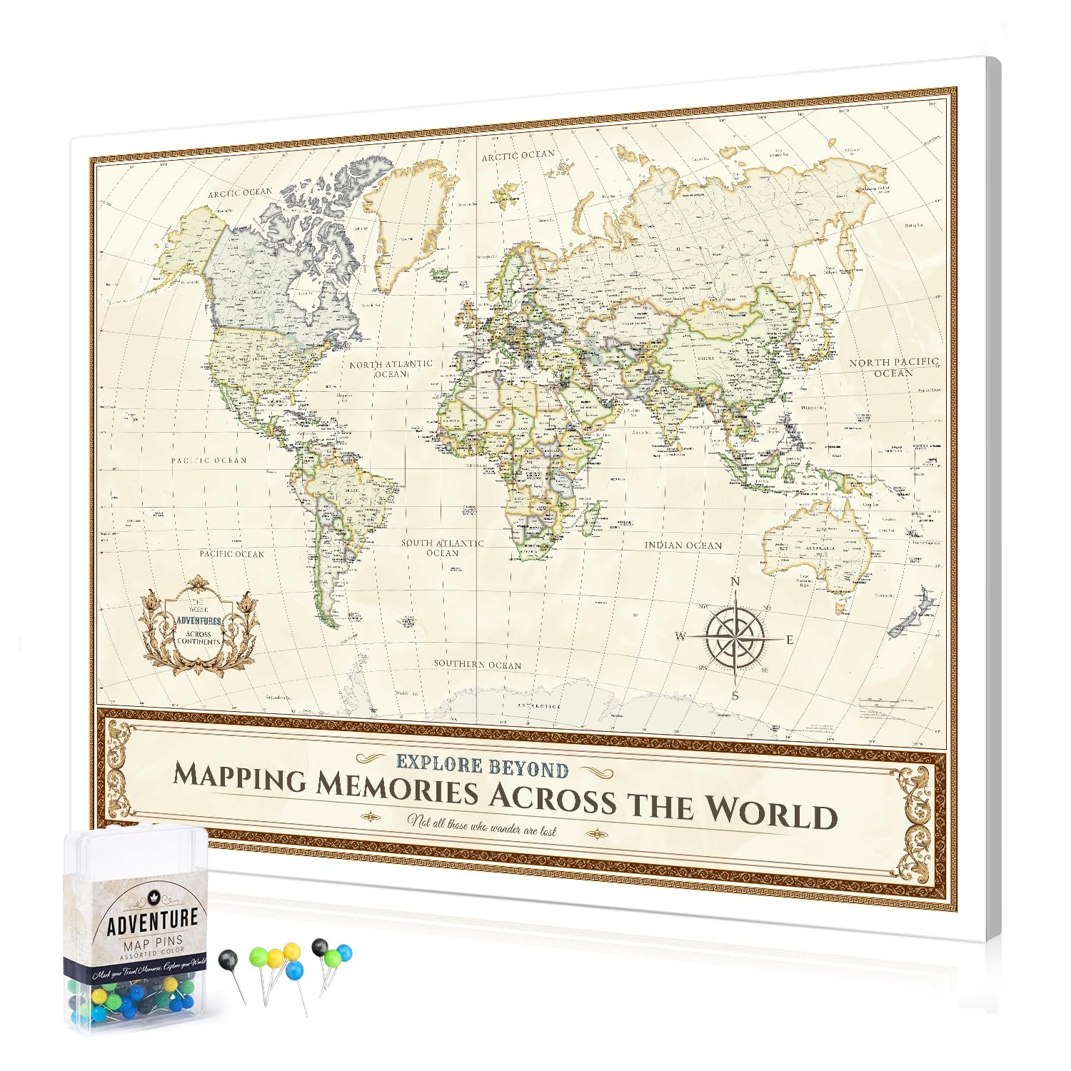 DECORARTS World Map Pin Board,Colorful World Travel Map with Pins,35x28''