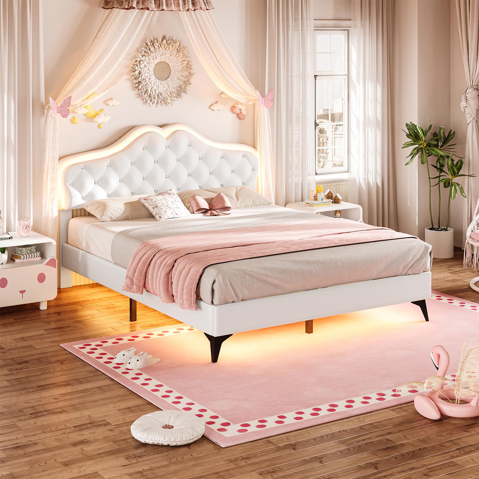 BTHFST Full Size Upholstered Bed Frame with LED Lights, Adjustable Headboard with Crystal Button, Princess Platform Bed for Girls, Solid Wood Slats Support, No Box Spring Needed, Beige