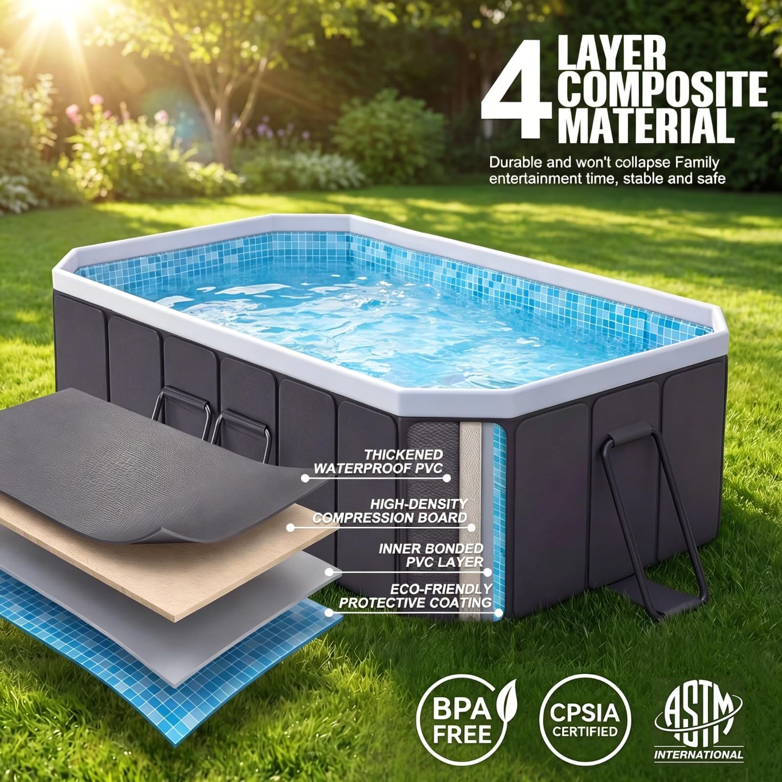 Piscina grande para perros grandes, tamaño exterior 200 x 135 x 50 cm, piscina plegable de lado duro con marco de acero, piscina no inflable para mascotas, fácil drenaje, puerto de filtro, gris