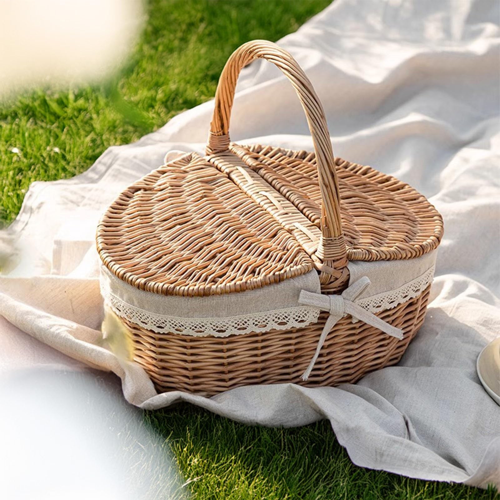 Genérico Cesta de Mimbre para Picnic con Tapa y Asas, Cesta de Mimbre Hecha a Mano con Forro, Pequeñas cestas de Mimbre para Picnic,Exterior,Camping(S)