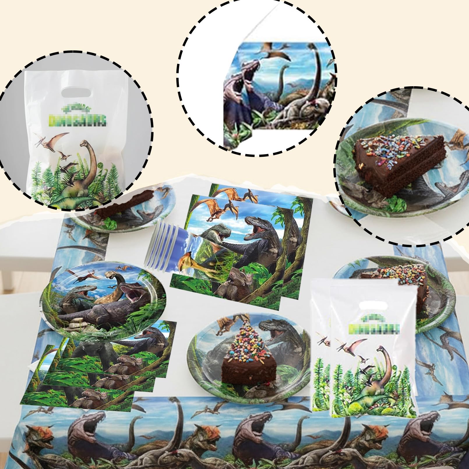 102 Pezzi Dinosauri Stoviglie per Feste di Compleanno，Dinosauri Addobbi Compleanno，Tovaglia，Piatti Carta，Sacchetto regalo，Striscione，Adatto a 20 persone