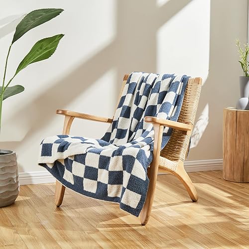 Miniatura 2 de CozeCube Manta a cuadros ultra suave y acogedora manta de cuadros azules, cálida y esponjosa, manta a cuadros azul y blanco para sofá y cama, 50 x