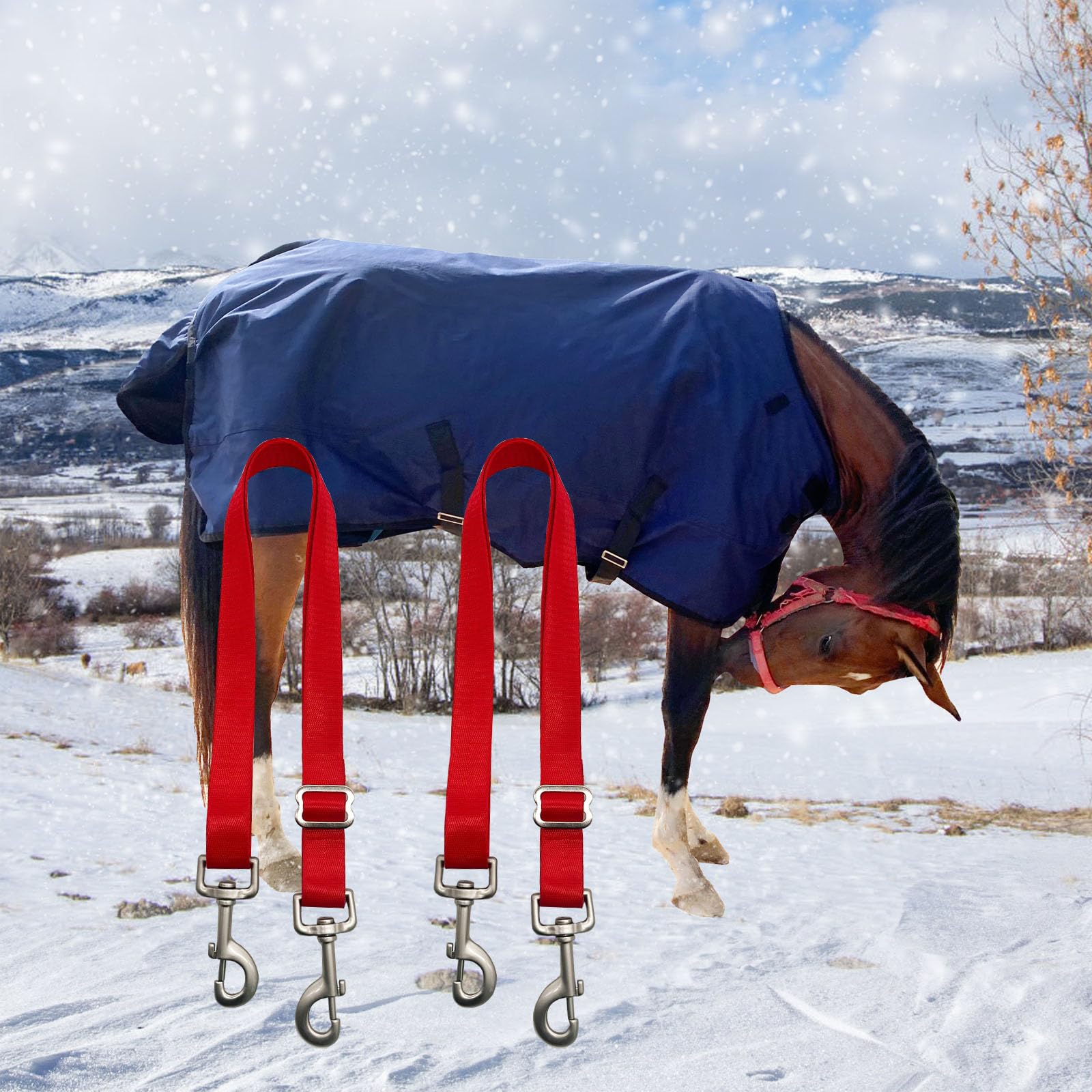 Horse Blanket Sheet Leg Straps， Adjustable Horse Leg Replacement Straps，with Metal Double Swivel Snaps, Adjustable Length from 24 to 42 Inch (Two Side Snaps)，Red 2 PCS