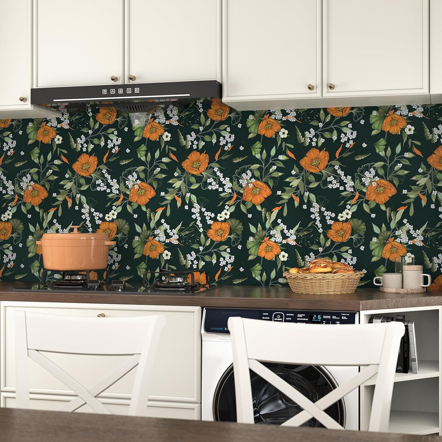 Black Peel and Stick Wallpaper Floral Orange Chrysanthemum Floral Wallpaper for Bathroom Bedroom Vintage Green Leaf Contact Paper for Cabinets Shelf Liners Removable Wall Paper 17.5x102 in