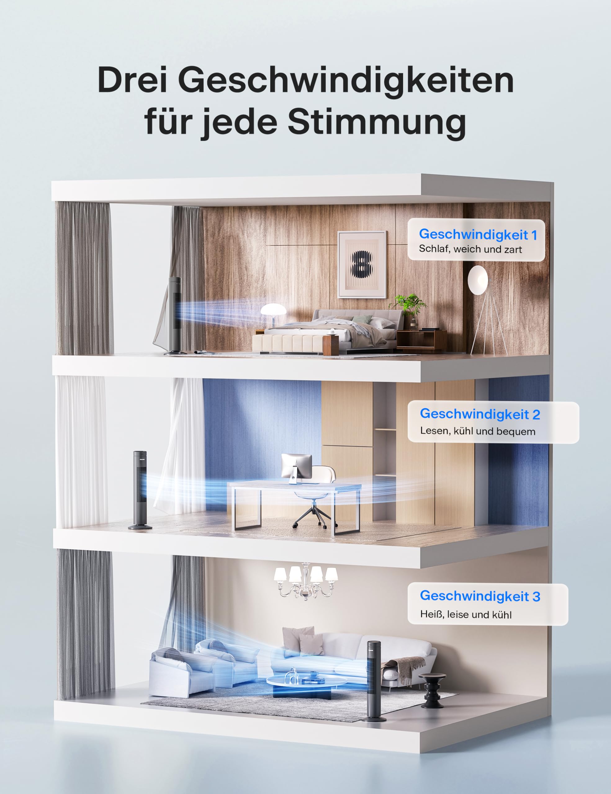 Pelonis Turmventilator mit Fernbedienung, 3 Geschwindigkeiten, 7-Std-Timer, 3 Modi, leiser Ventilator für Schlafzimmer