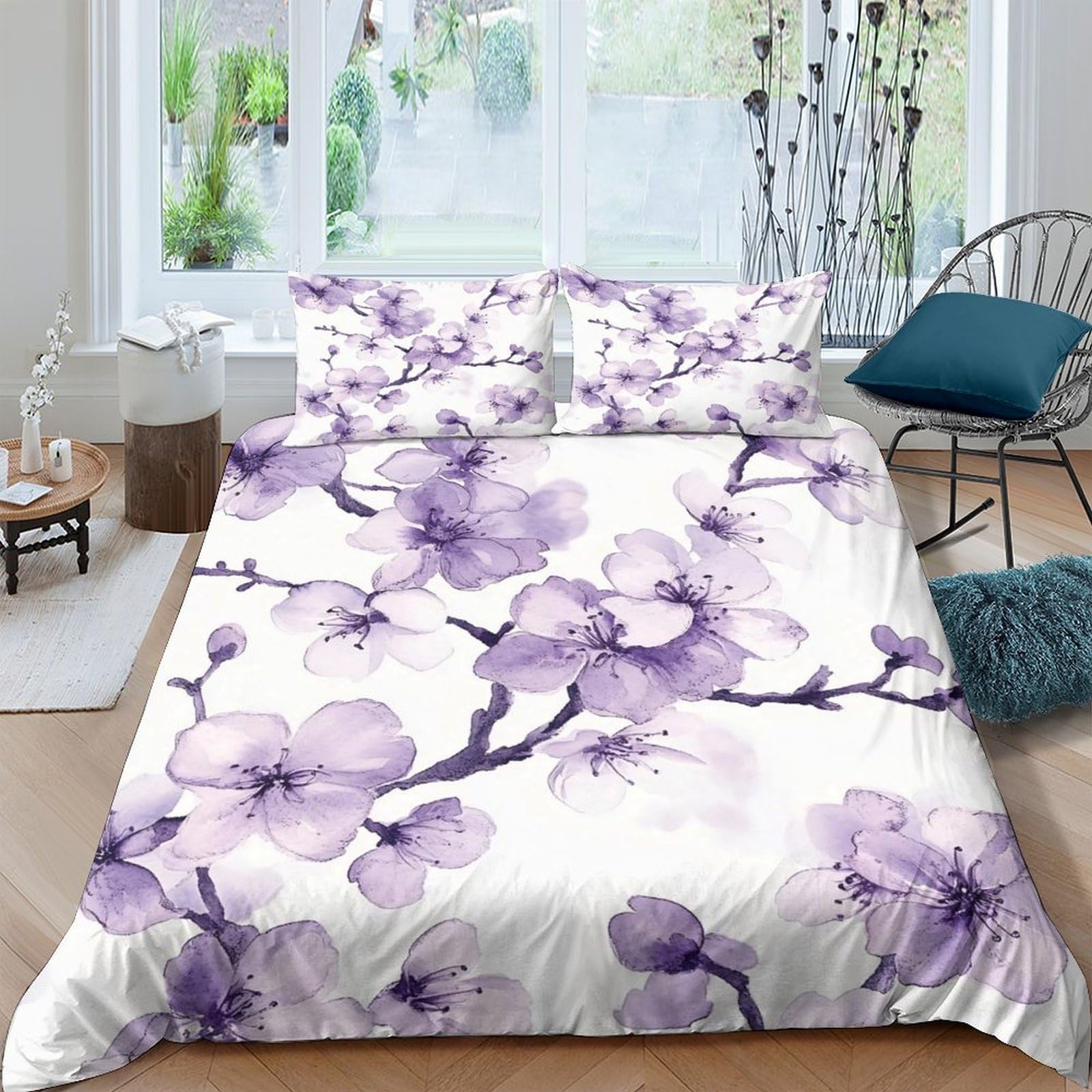 Ctjqhvkz Style-5 3D Printed Purple Sakura Fitted Sheet Microfiber Soft Floral Bed Cover For Bedroom Guest Room Dustproof Washable Single（135X200cm）