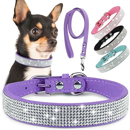 Epesiri - Collar de perro con diamantes de imitación con correa, collar de perro con diamantes de imitación, collar de diamantes de imitación para