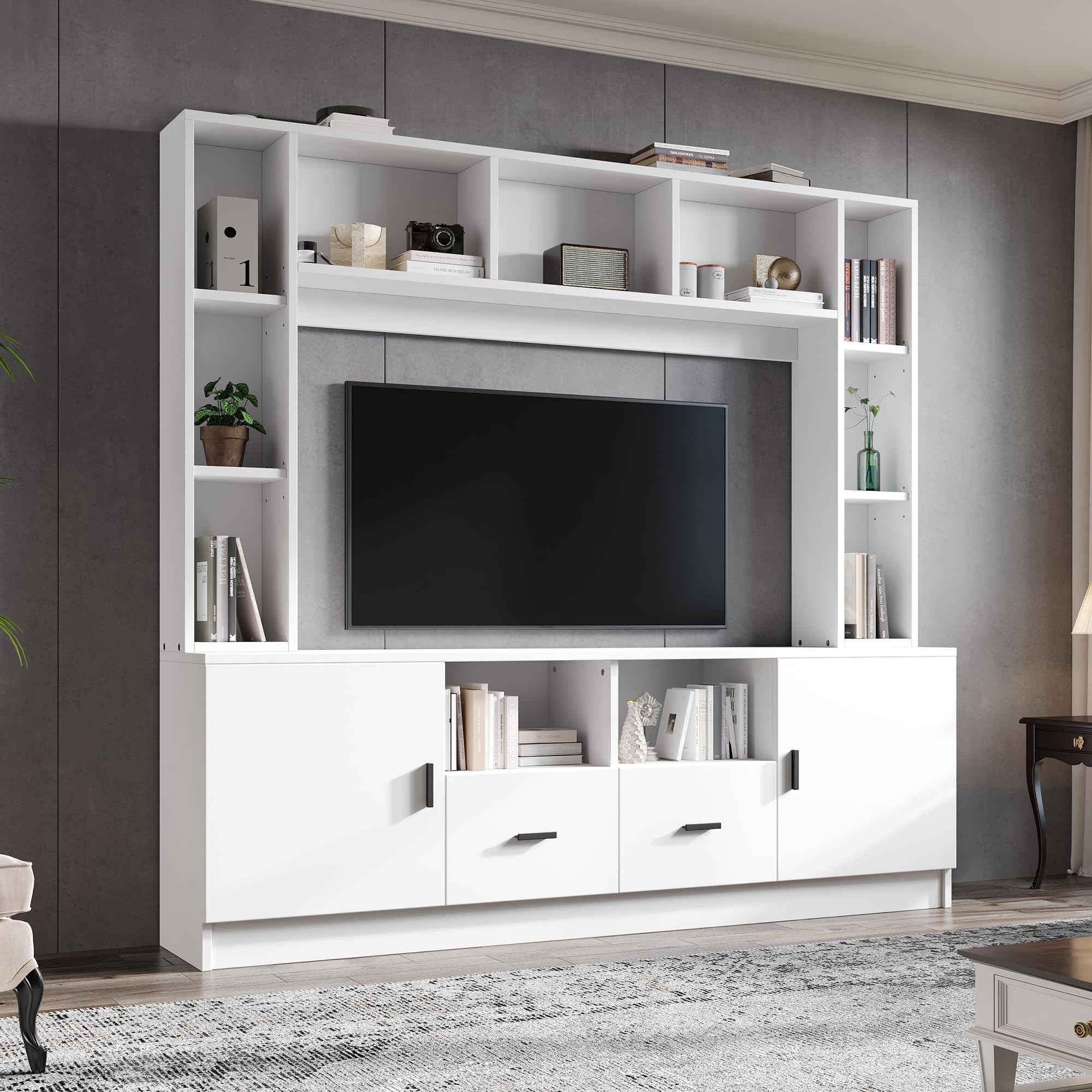 Set da parete per TV, 180 x 35 x 170 cm, con vetrina, supporto da parete con set per TV e scaffale, mobili da soggiorno con 2 armadi, 2 cassetti, 11 vani portaoggetti, parete del soggiorno