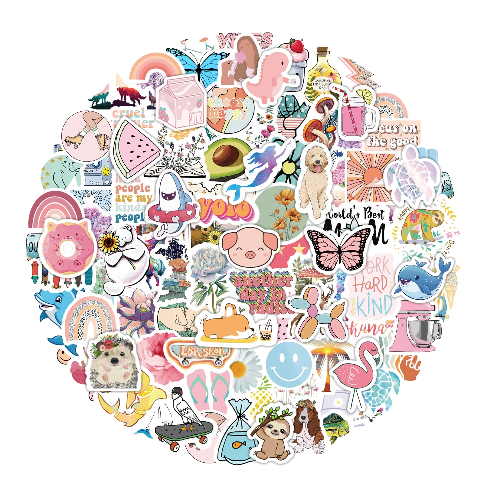 Eoaod 200Pcs Multicolor Cute Cartoon Waterproof Vinyl Stickers for Kids & Teens, Reusable & Durable, Perfect for Water Bottles, Laptops, Skateboards & More