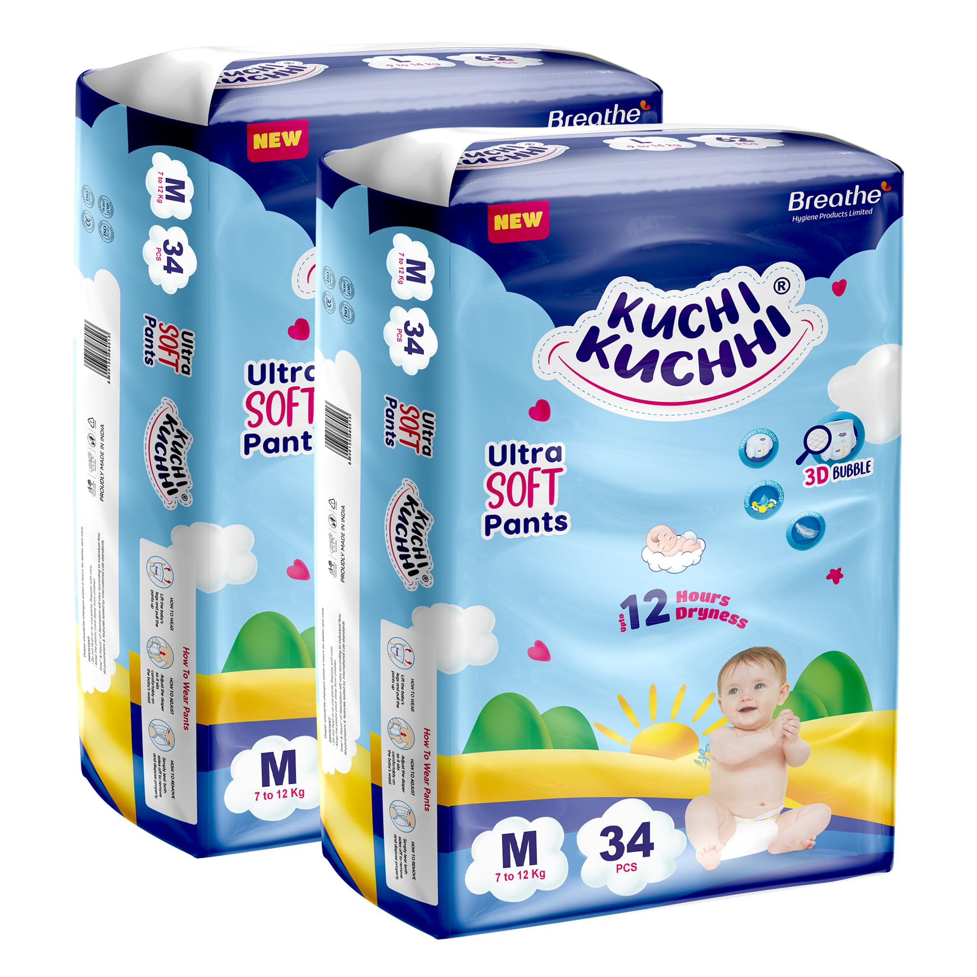 KUCHI KUCHHI Premium super soft baby diaper with a 3D bubble top and super absorbent core | Added active leak barriers and wetness indicators - M Size, 68 Count-image-29