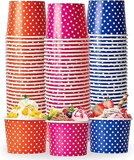 16oz 120 Packs Ice Cream Cups, Disposable Dessert Cups, Ice Cream Bowls For Cold Or Hot Food, Paper Dessert Cups, And Coloured Paper Cups For Soups，Sundaes, And Ice Cream. (Pink Orange Blue)