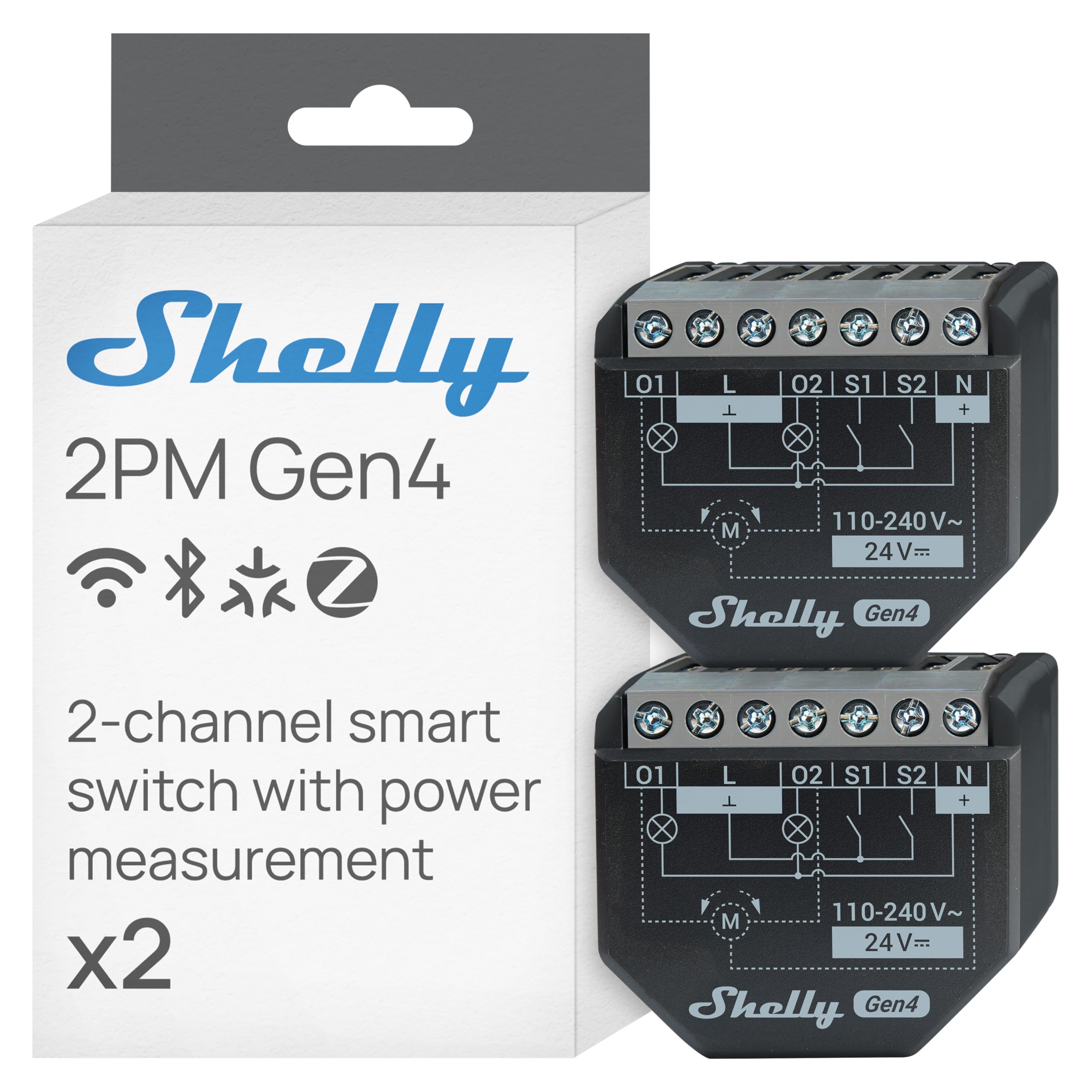 Shelly Shelly 2PM Gen4 - Module volet roulant connecté Matter, Zigbee, Wi-Fi, 2 Canaux 8A, Mesure consommation électrique, Contrôle app, Compatible Alexa, Google, SmartThings, Apple Homekit - Lot de 2