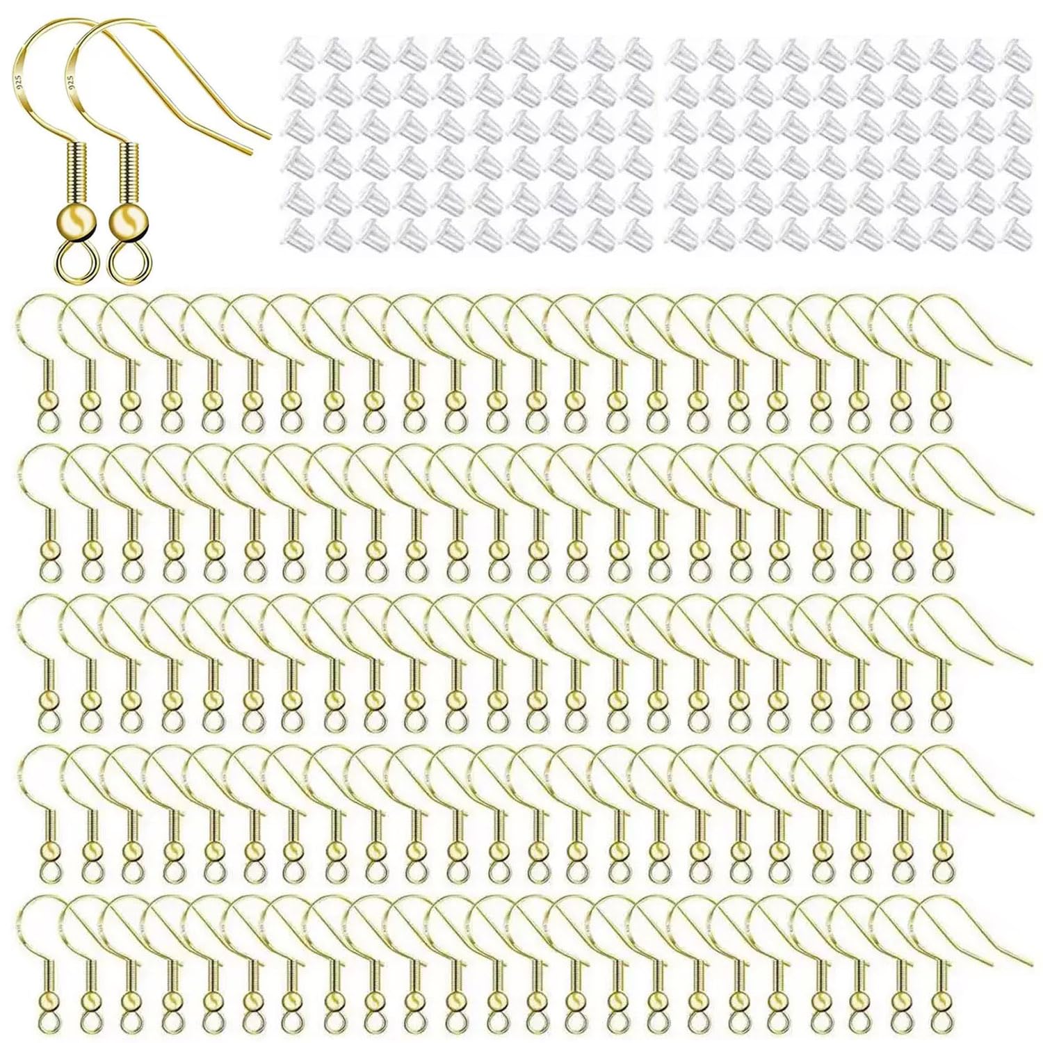 240Pcs/60Pairs Earring Hooks with Safety Backs 925 Sterling Silvery Fish Hook Silver Plated Ear Wires with Spring Ball for Jewellery Making Earring DIY Gold
