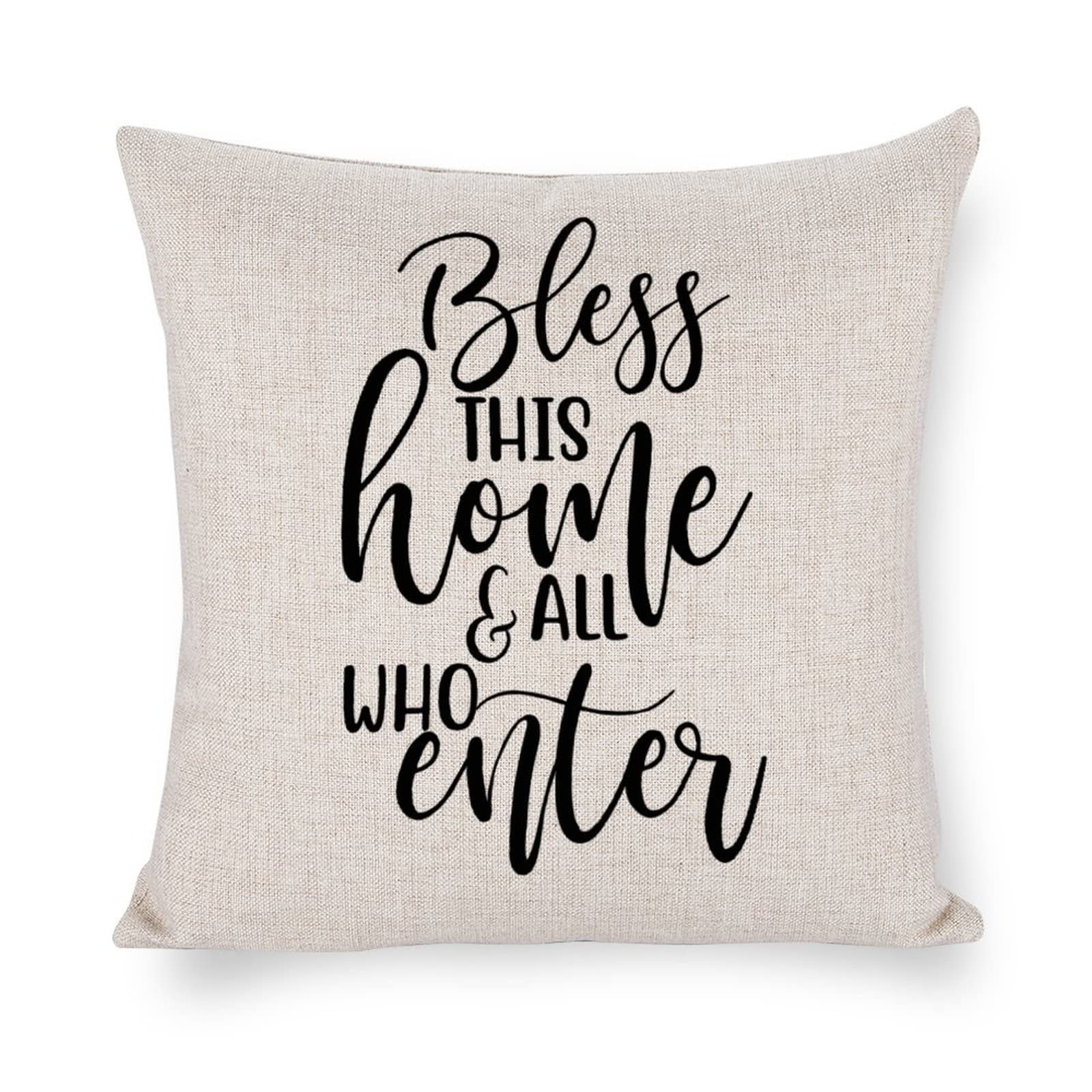 popeven Bless This Home and All Who Enter Decorative Throw Pillow Covers 20x20 with Quote Saying Farmhouse Cotton Linen Cushion Cover Case for Bedroom