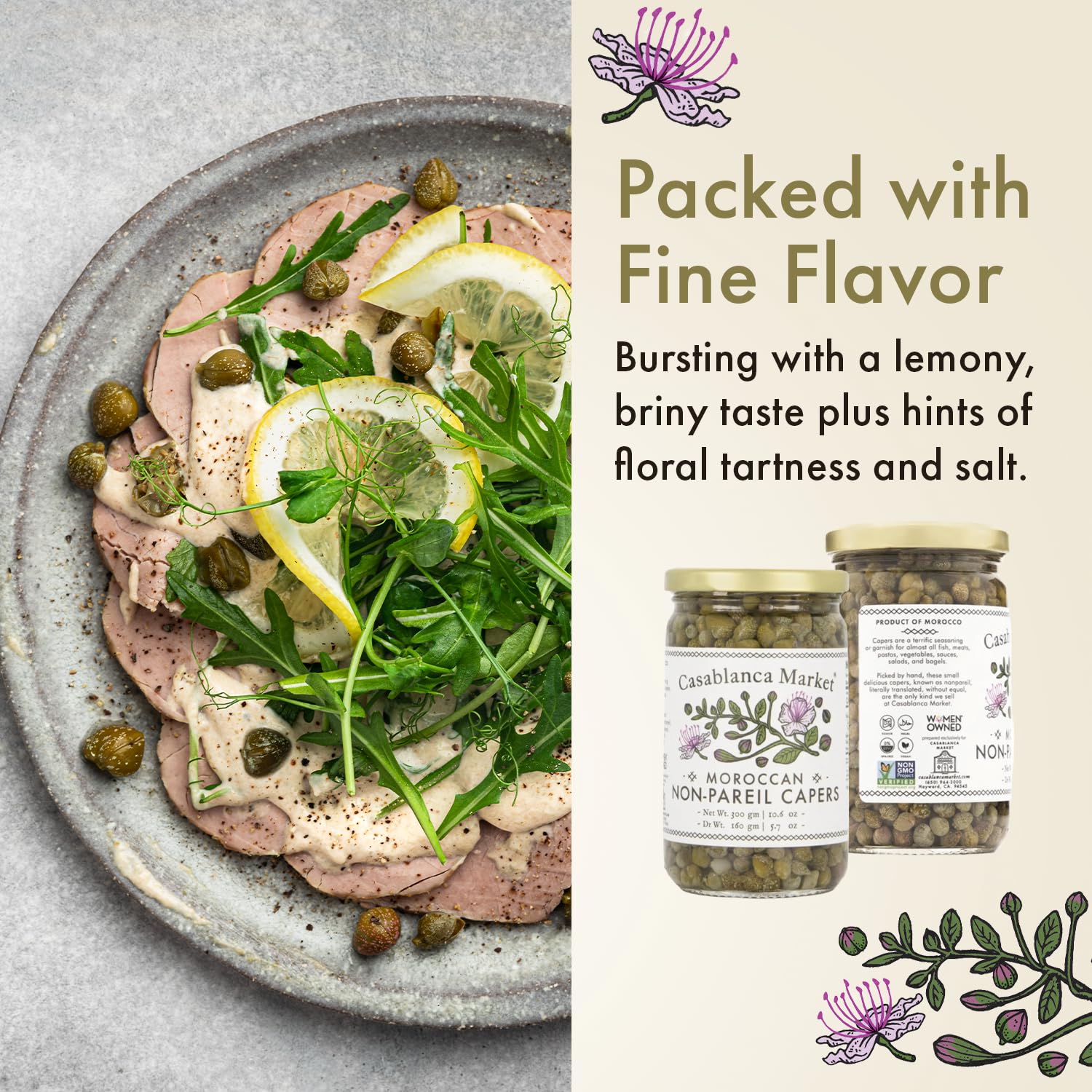 Casablanca Market Moroccan Capers Non Pareil — Handpicked, Premium Capers Jar in Pure Brine — Non-GMO, Plant-Based, Kosher, Halal-Friendly, No Preservatives — For Pasta, Sauces, Meat & More, 1-Pack