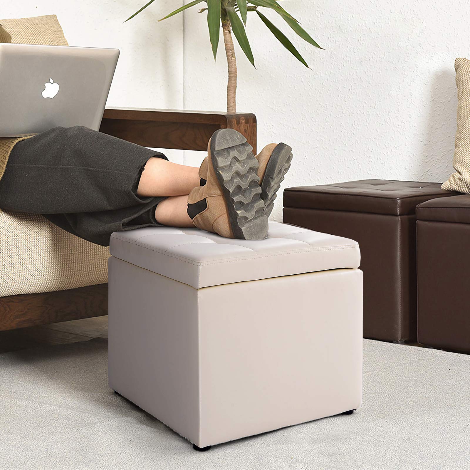 GIANTEX Sitzhocker mit Stauraum, Sitzwürfel Sitzbox gepolstert mit Deckel, Fußhocker bis 150kg belastbar, Sitztruhe Sitzcube aus PU, Aufbewahrungsbox 40 x 40 x 40 cm (Cremeweiß)