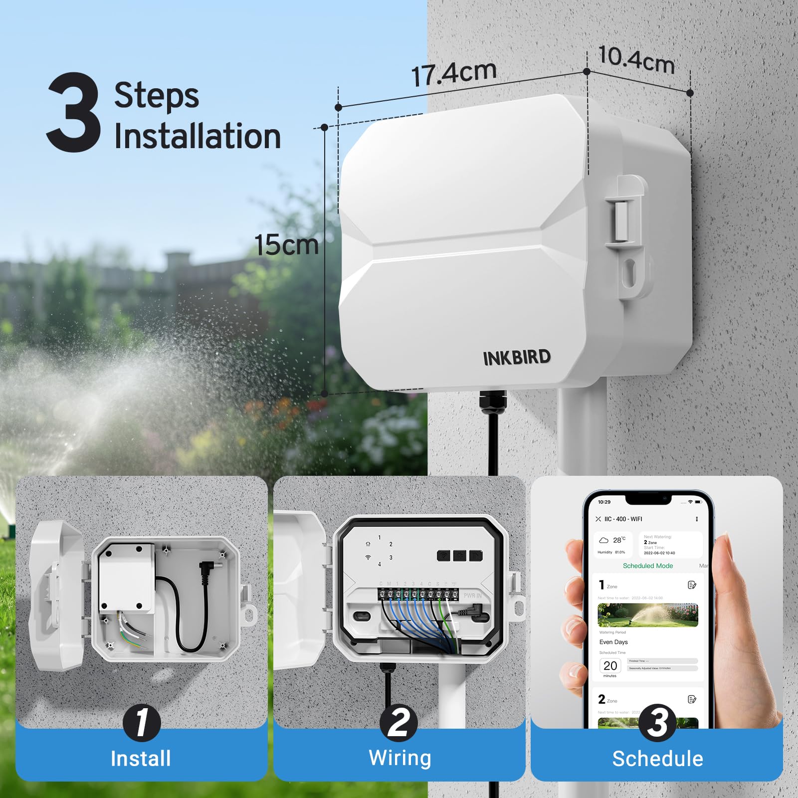 Inkbird IIC-400 Centralina Irrigazione WiFi 4 Zone con Scatola Impermeabile | Irrigazione Automatica WiFi per Giardino,Memoria Non Volatile Integrata,Supporto Sensore di Pioggia e Modalità Manuale