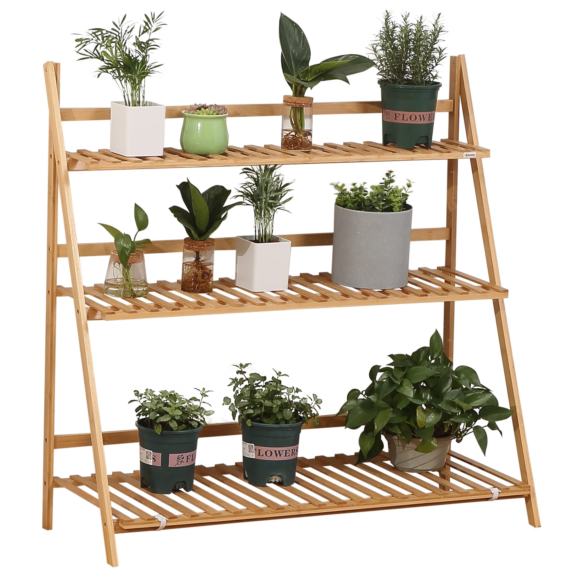 Outsunny Estantería para Plantas 3 Niveles Plegable 100x39x97 cm Natural | Bambú, Soporte para Flores, Estantería para Macetas, para Interiores y Exteriores