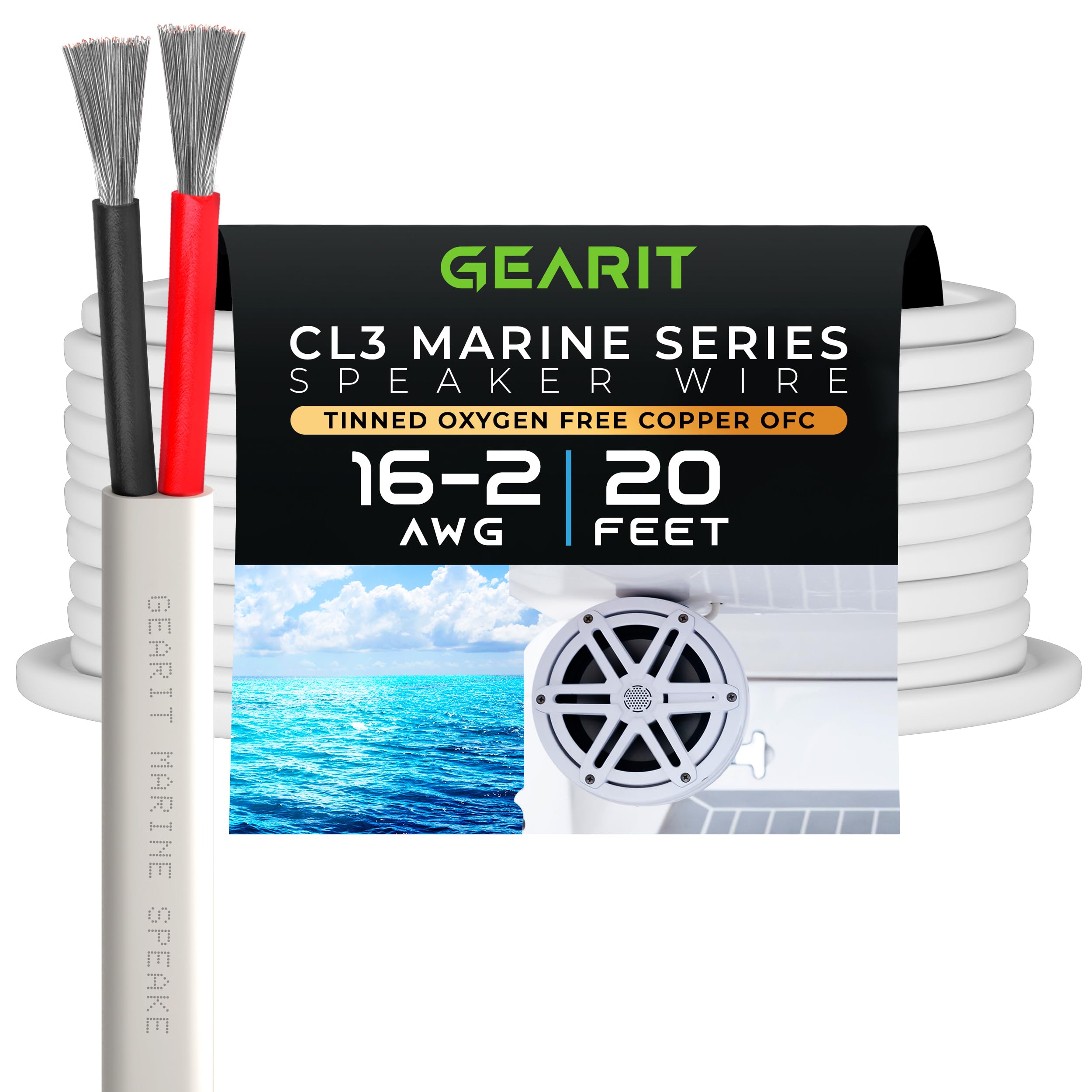 GearIT 16/2 Marine Wire (20 Feet) 16AWG Gauge - Tinned OFC Copper/Marine Grade Speaker Cable/Duplex / 2 Conductors - OFC Oxygen-Free Copper, White 20ft