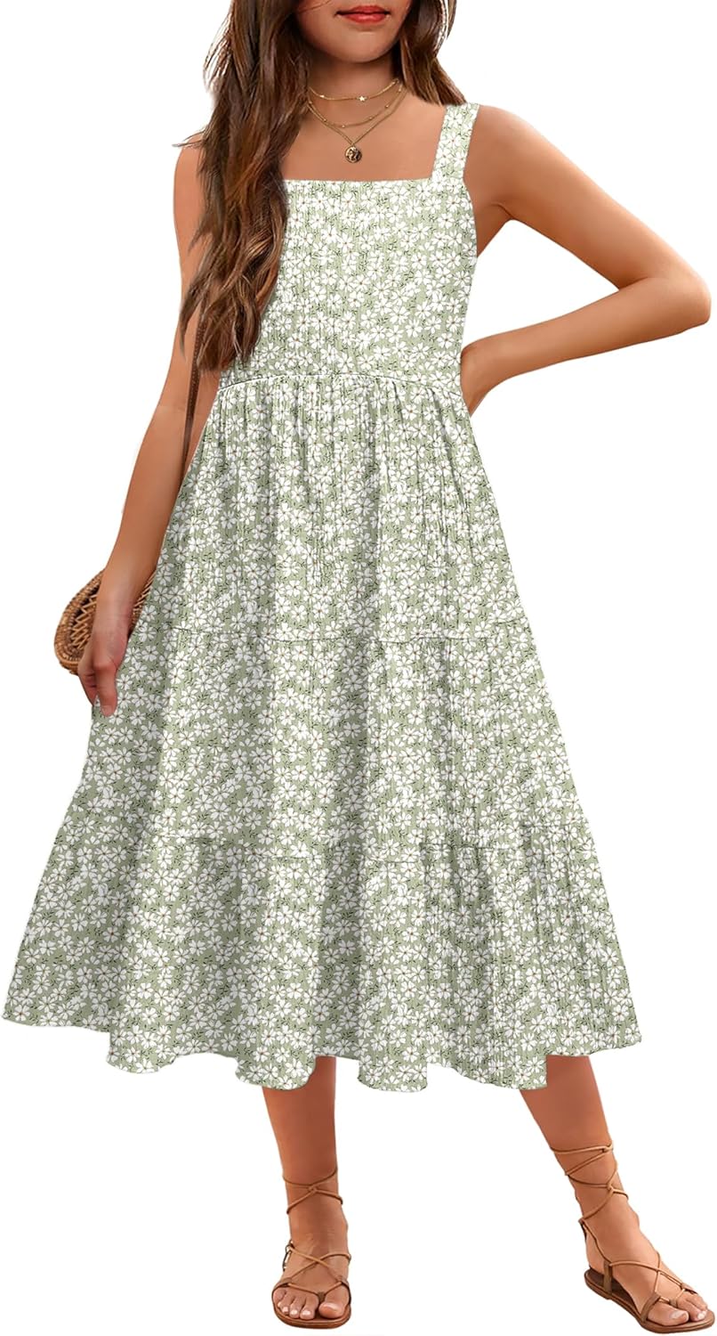 Arshiner Girl's Sundresses Summer Boho Strap Tiered Cami Maxi Dresses with Pockets