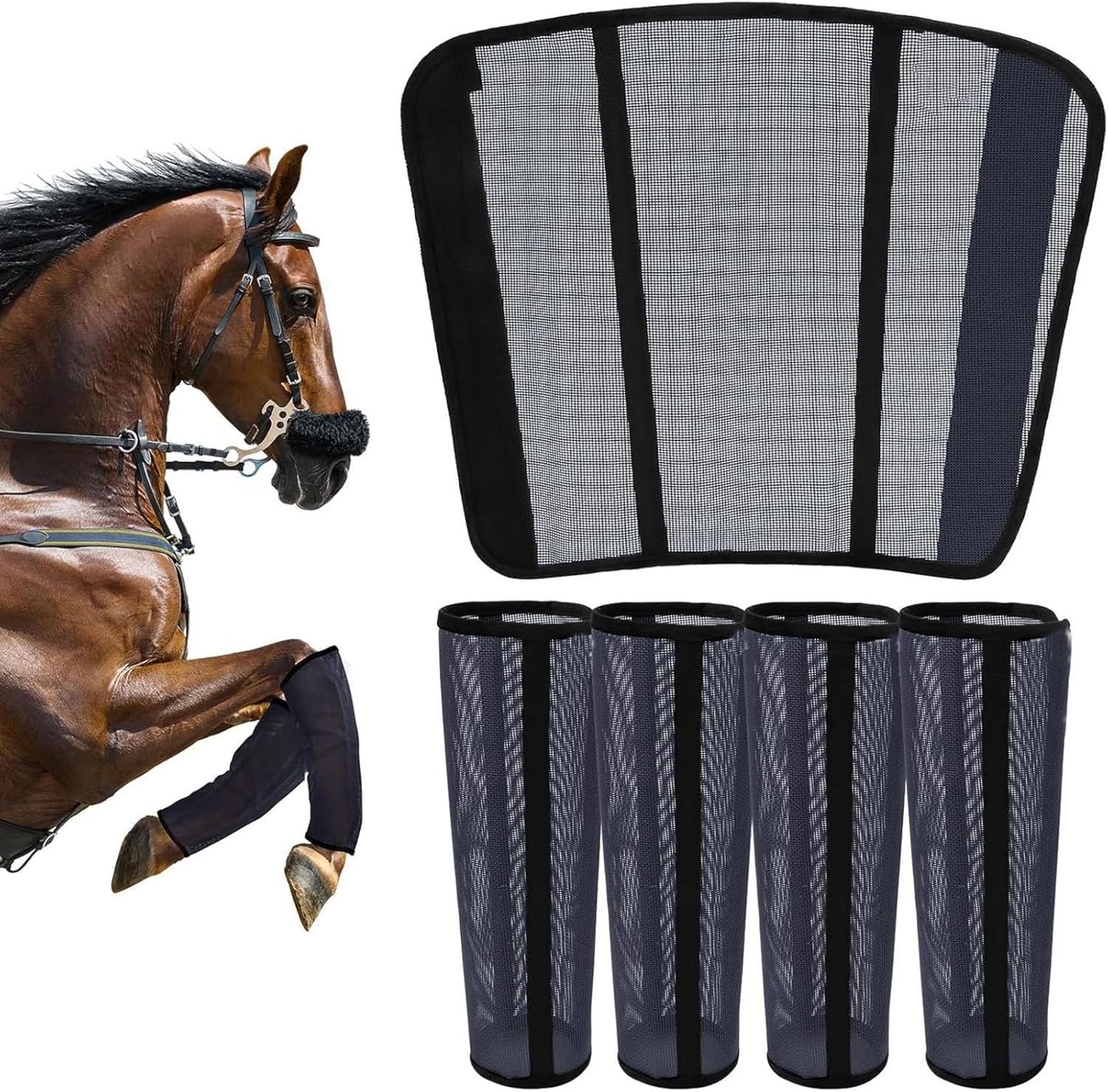 Fly Leg Wraps for Horses Set of 4,Horse Mesh Fly Boots, Pony Fly Boots Horse Care Boots, Prevent Mosquito Bites, Breathable Mesh(Black)