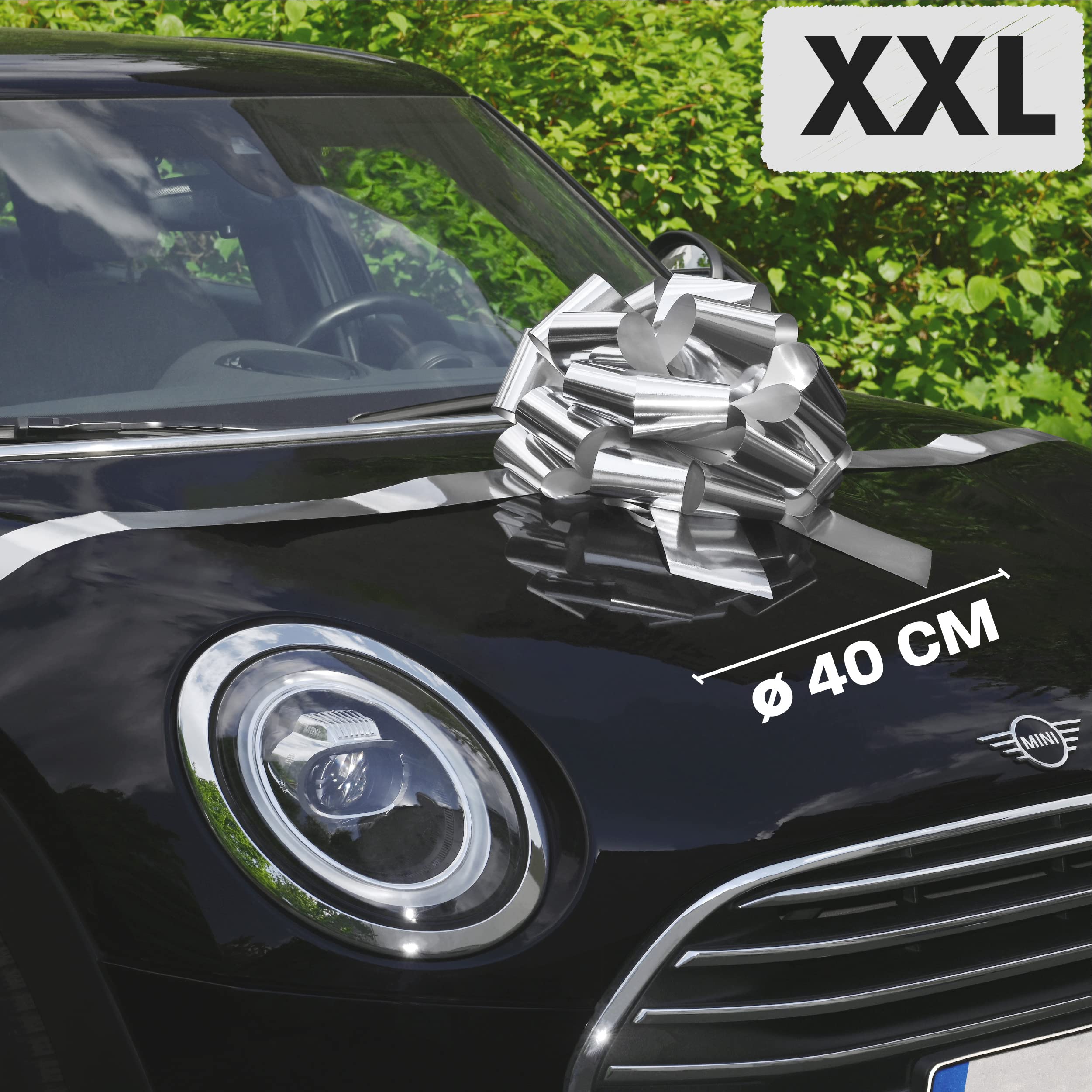 Praknu Lazo Gigante de Regalo para Coche - XXL ø 40 cm - Reutilizable - Plateado