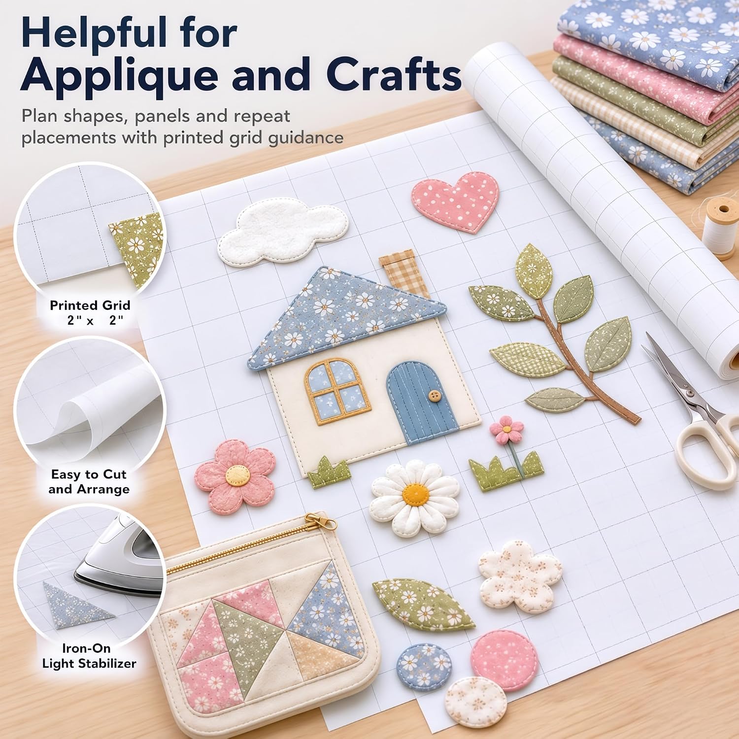2 Pack Fusible Interfacing for Sewing, Grid Interfacing for Quilting, 47 in x 4 yd White Nonwoven Iron On Fabric with 2 x 2 Inch Lines, DIY Crafts Layout, Lightweight Roll