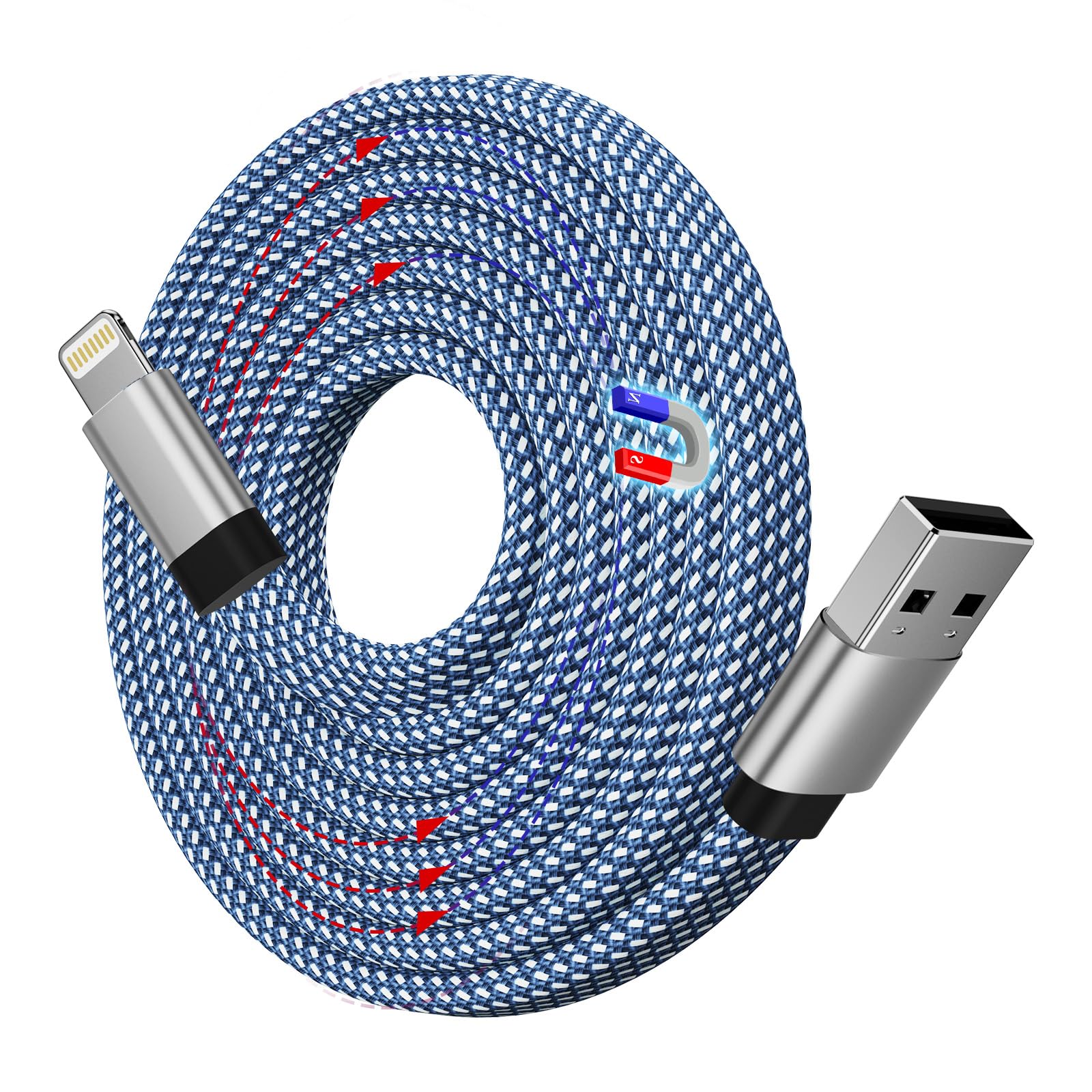 Magtame USB A auf Light-ning Ladekabel Magnetisches, 1.5M iPhone Kabel Spiralkabel Aufgerollt, Flach iPhone Original Kabel MFi-Zertifiziert Nylon Geflochten für iPhone 14 13 Pro Max Mini XS XR X SE