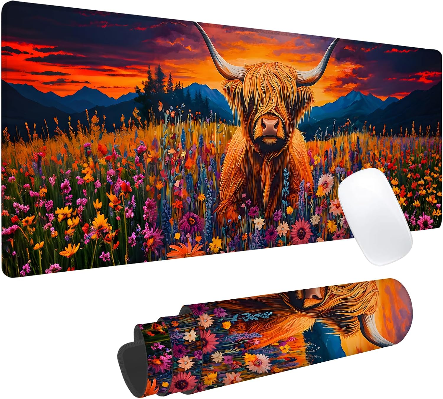Highland Cow Gaming Mouse Pad, Office Desk Mat, Anti-Slip Rubber Base Cool Aesthetic Mouse Pads for Computer Laptop Keyboard School Home Desktop Gamer Home Accessories Decor 31.5" x 11.8"