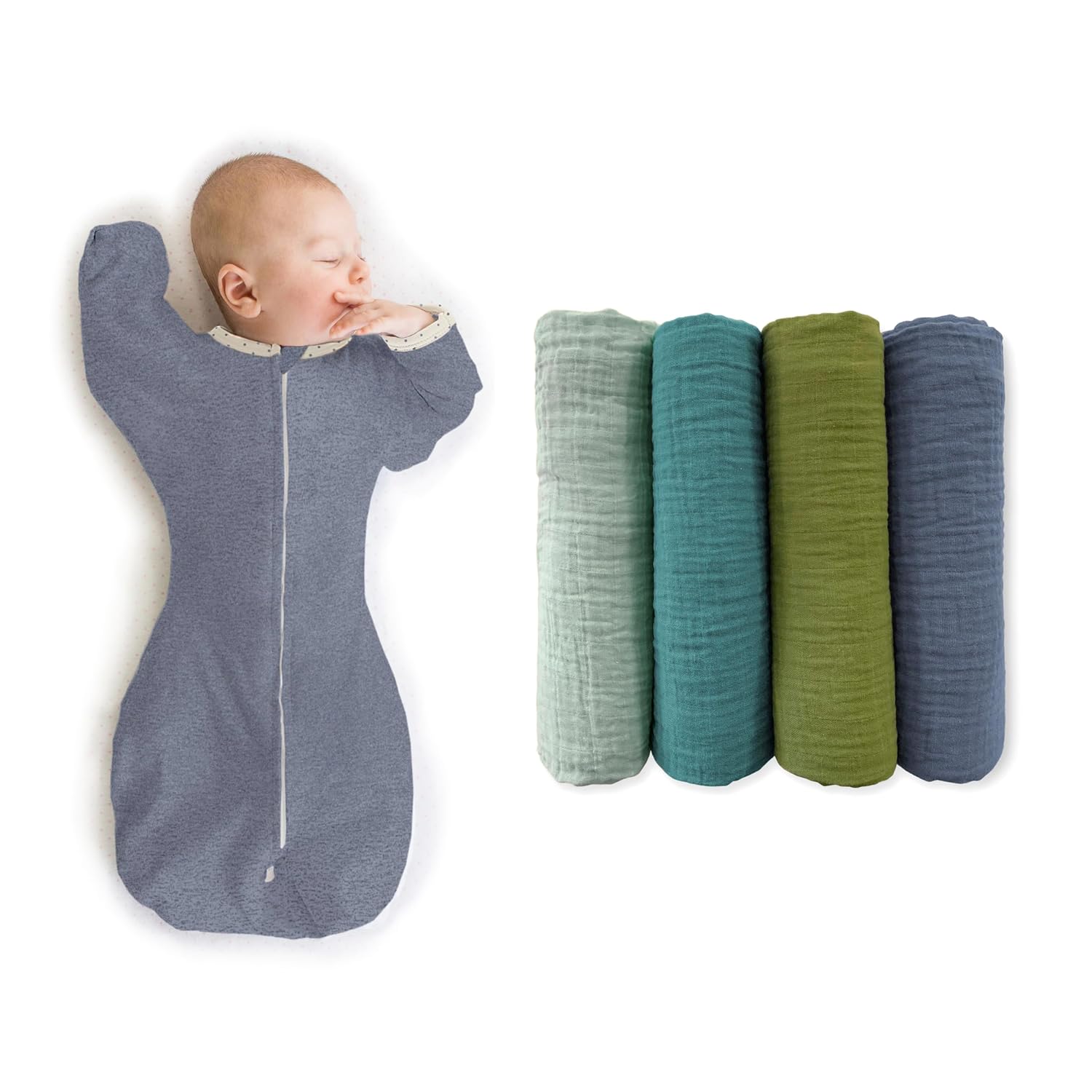 SwaddleDesigns Baby Swaddle Set, Denim, 3-6 Mo Transitional Swaddle Sack with Arms Up Half-Length Sleeves & Mitten Cuffs and Cotton Muslin Swaddle Blankets 4pk, Cascadia