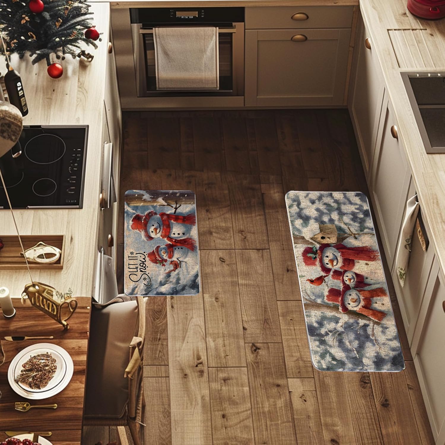 Christmas Snowman Kitchen Rugs Set of 2 Let It Snow Kitchen Rugs, Xmas Decorative Farmhouse Vintage Floor Mats for Home Kitchen Dining Room Decorations - 17x27 and 17x47 Inch