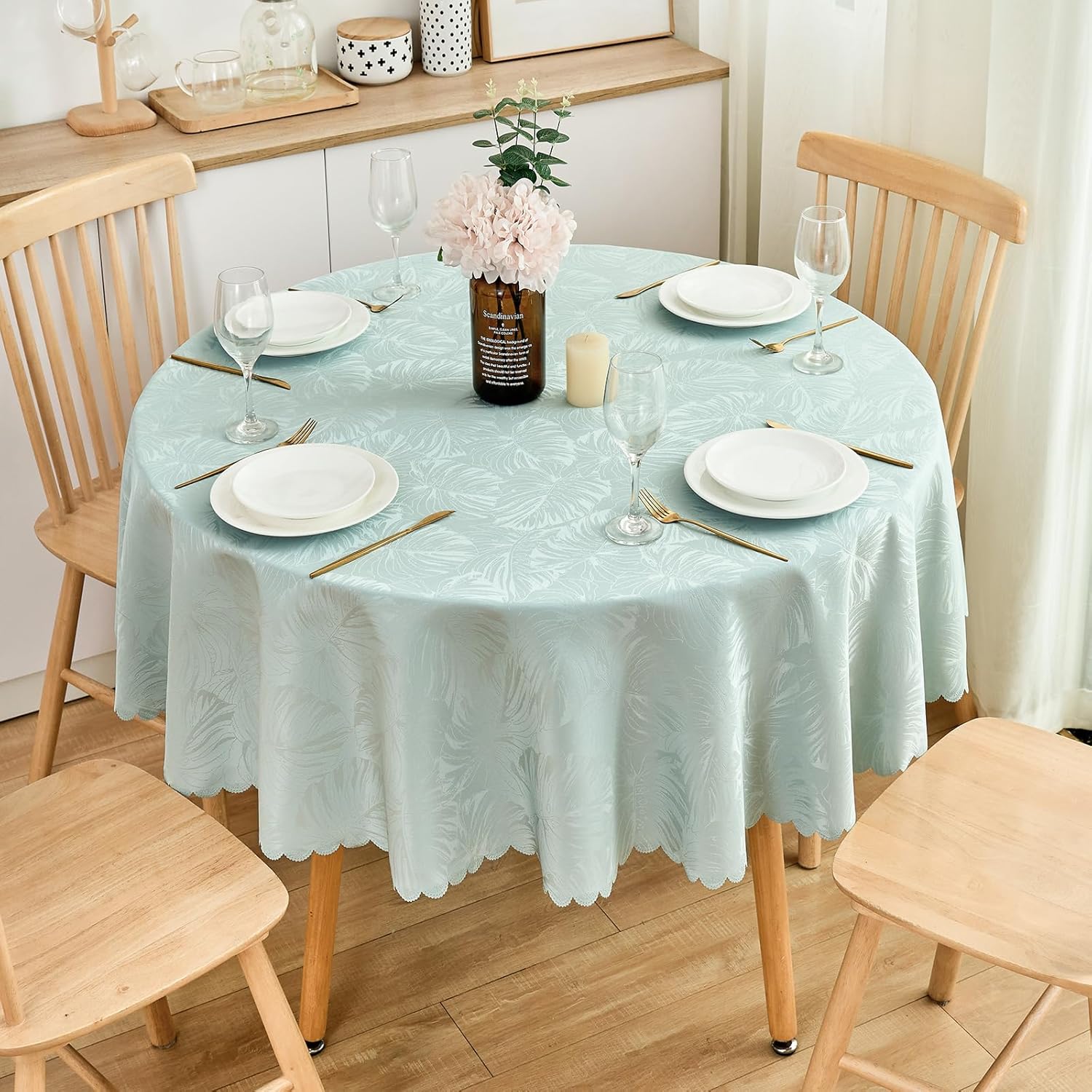 Round Tablecloth 60 Inch Jacquard Table Cloths Waterproof Washable Wrinkle Free Leaves Soft Fabric Tables Cover for 20-48”Table-Dinning Outdoor Birthday Party Kitchen & Linens(Aqua)