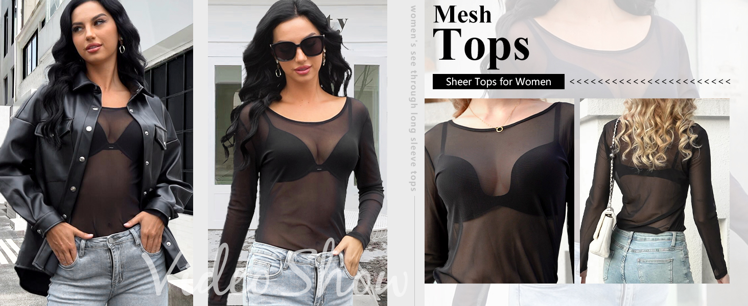 ZNVGIRL Women's Basic Mesh Sheer Tops Long Sleeve See Through
