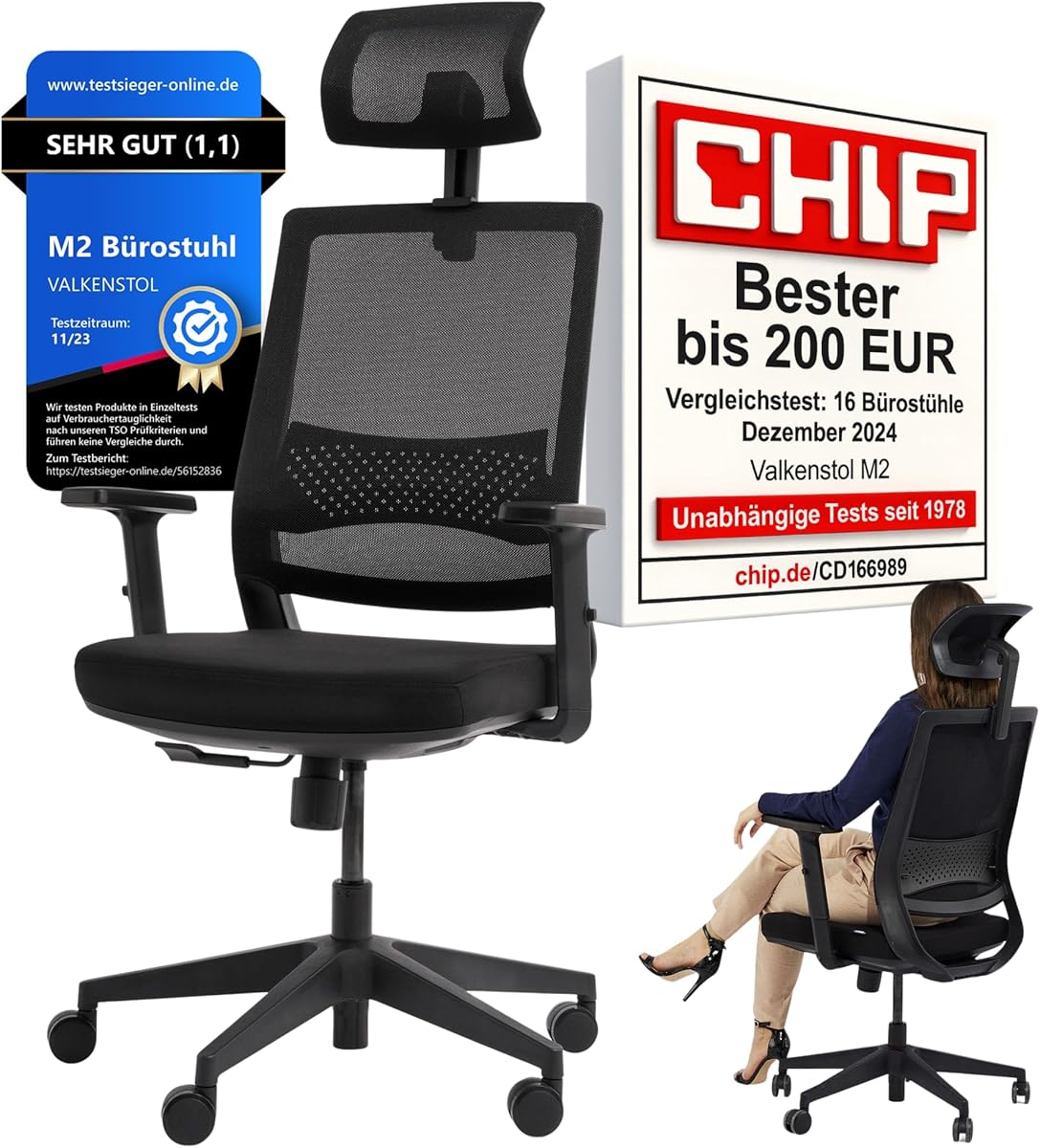M2 Bürostuhl Ergonomisch Testsieger – Höhenverstellbarer Schreibtischstuhl bequem mit Lendenwirbelstütze, Atmungsaktiver Netzrücken, 360° Drehstuhl, Bürostühle Büro und Home Office Chair