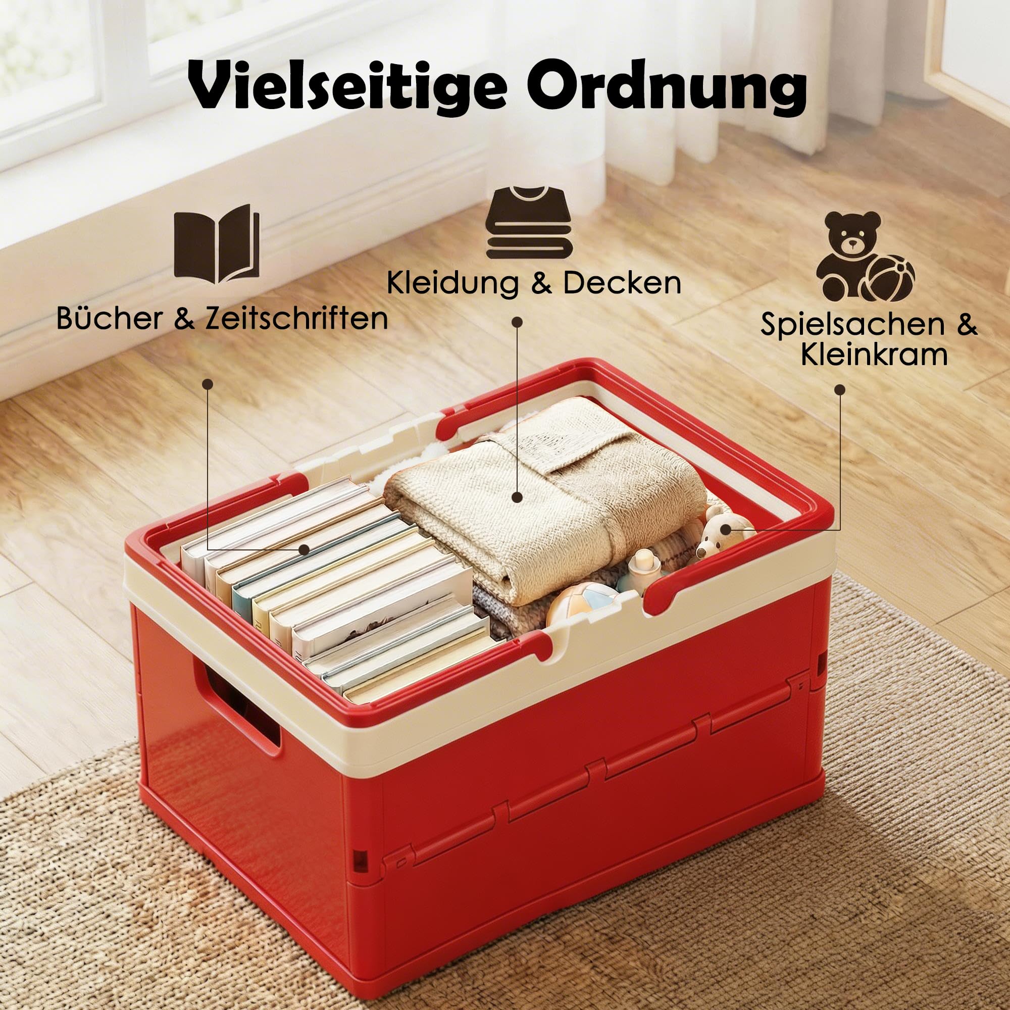 Aufbewahrungsbox Kinder, Spielzeugkiste mit Deckel, Klappbox 34,6 x 24,4 x 18,5 cm -Stabiler Aufbewahrungskiste Set aus Kunststoff mit Griff, Faltbare Aufbewahrungsbox für Spielzeug, Büro