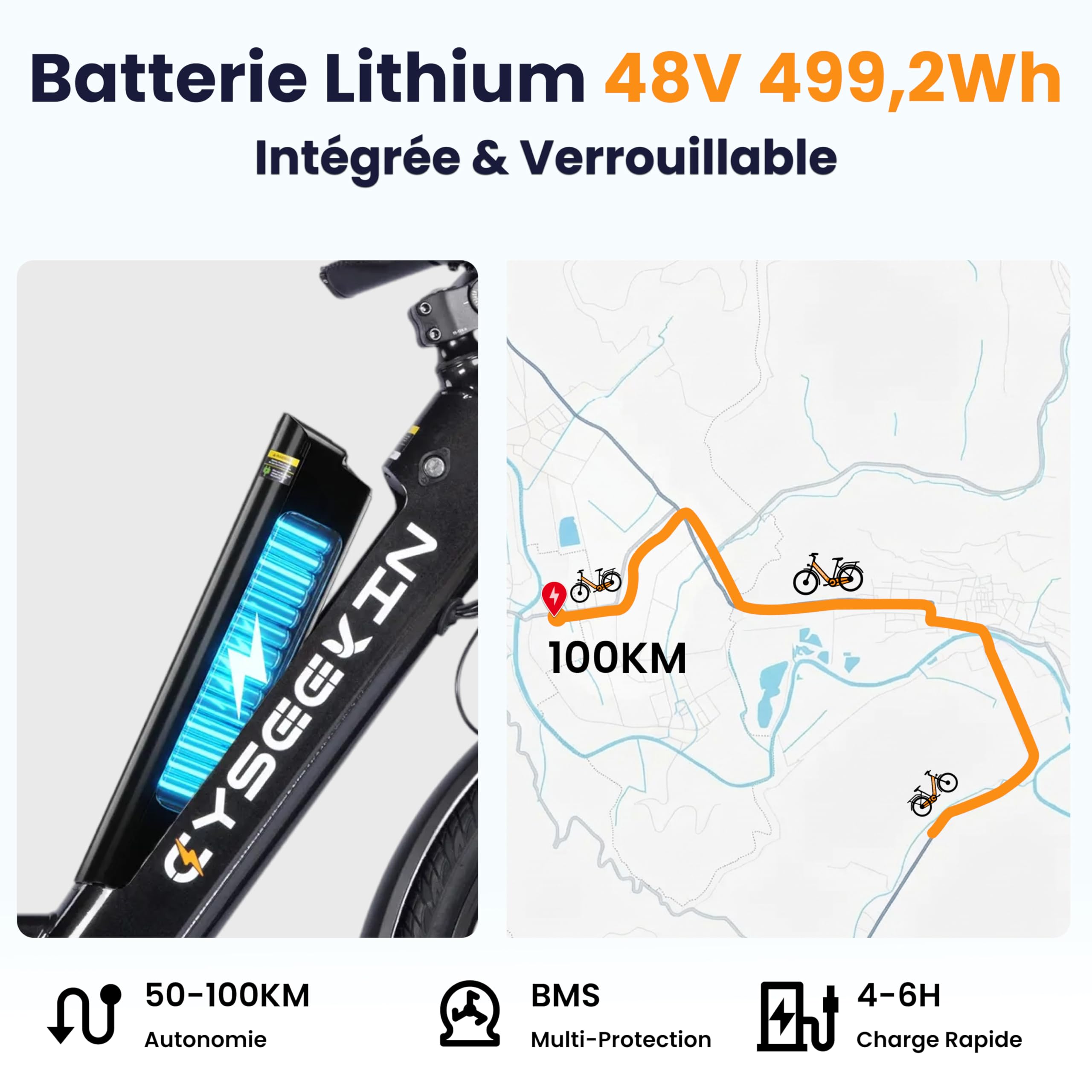 S10 E Bike Vélo électrique pour homme 26" avec moteur de 250 W Batterie 48 V 499,2 Wh Écran LCD 4,4" avec fourche à suspension, jusqu'à 100 km 25 km/h Pedelec pour femme