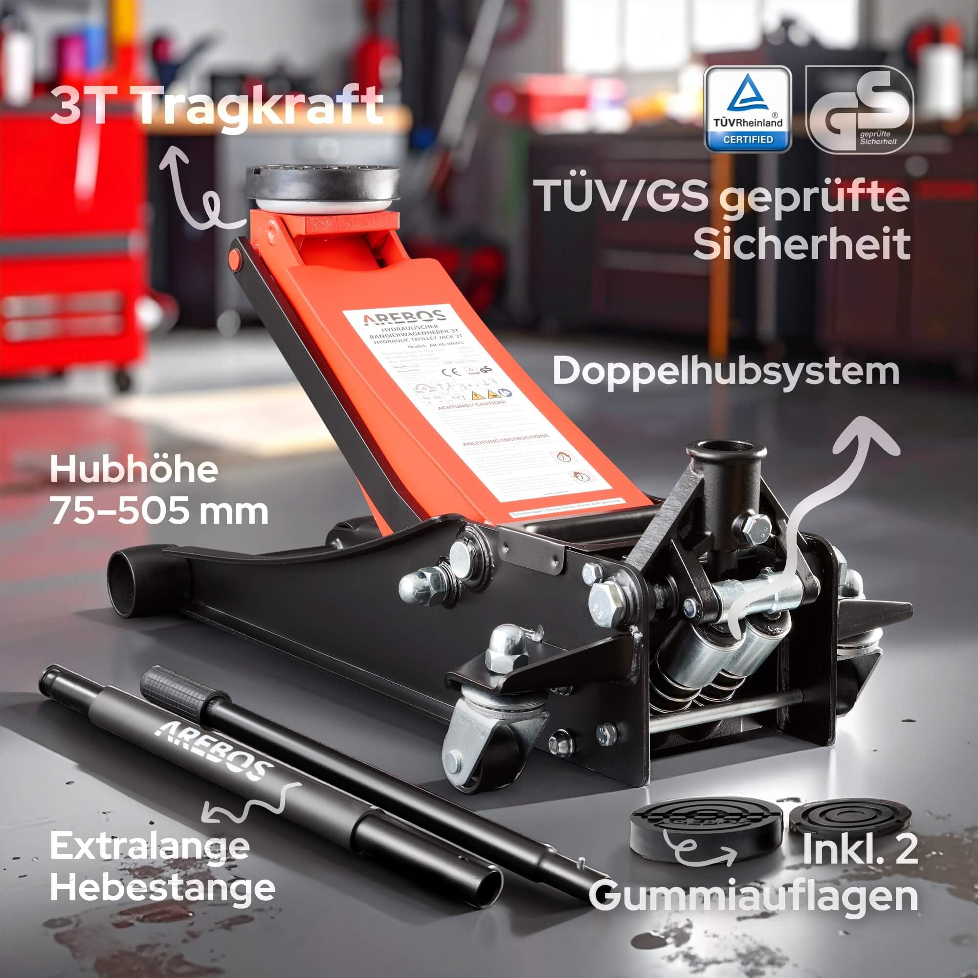 Arebos 3T Hydraulischer Rangierwagenheber flach | Unterfahrhöhe 75-505 mm | Doppelkolben | Wagenheber SUV PKW tiefergelegte Fahrzeuge | TÜV geprüft