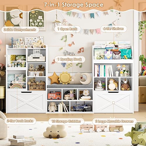 Miniatura 3 de FINETONES Estantería infantil de 75 pulgadas de ancho con rincón de lectura, organizador grande de juguetes con cojín de asiento y 2 cajones