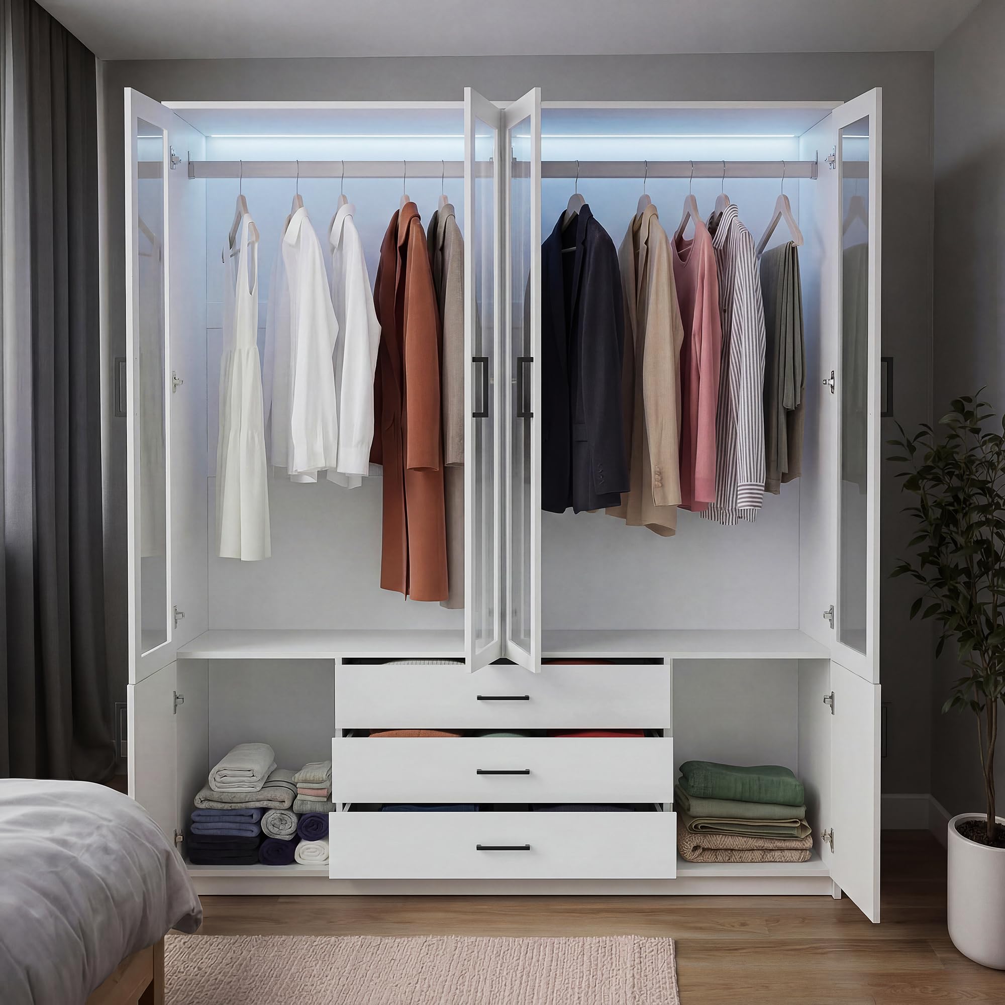Armadio bianco con LED, 160 cm di larghezza, con porte girevoli, 4 ante in vetro, 2 porte, 3 cassetti, appendiabiti, armadio moderno, per camera da letto