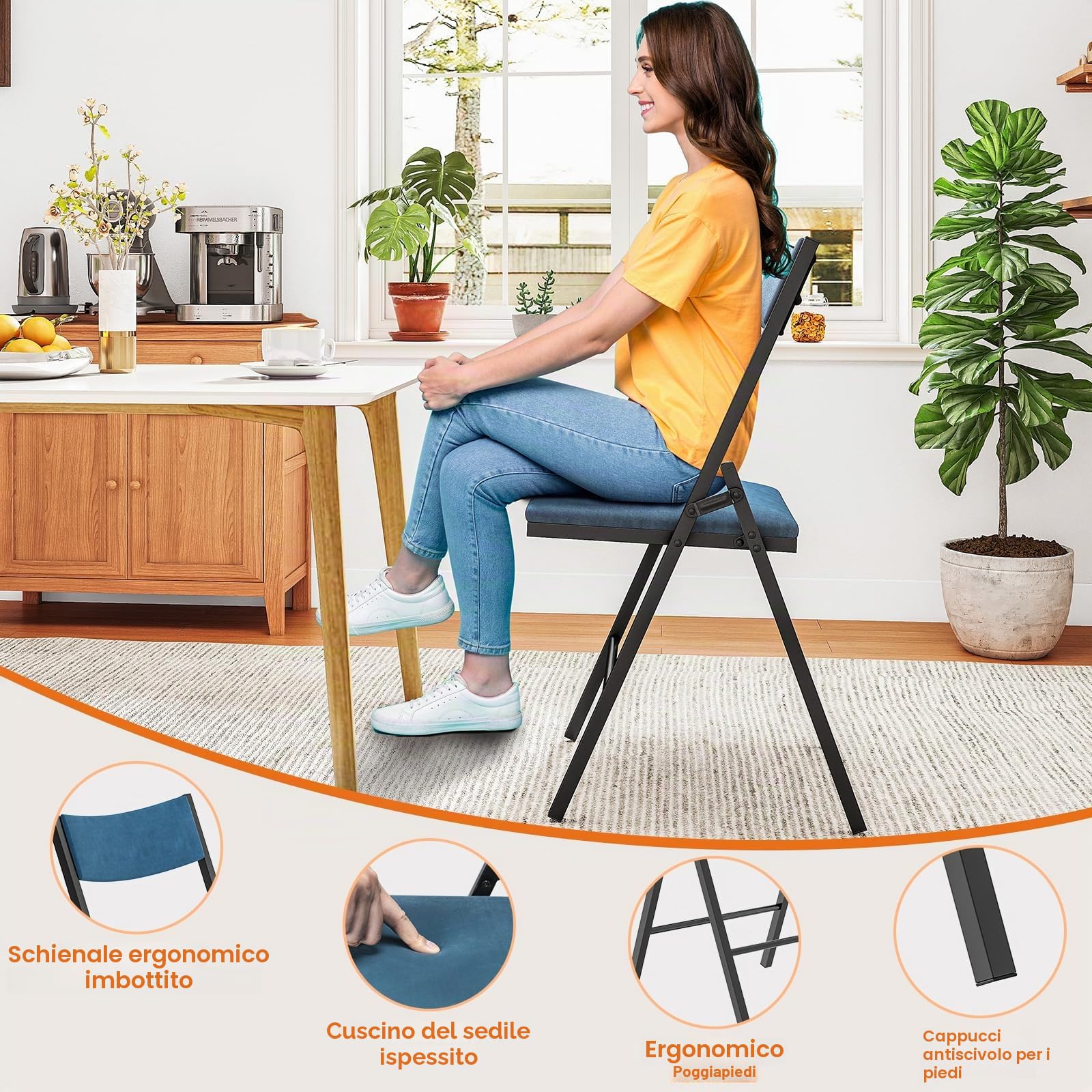 Set di 4 sedie pieghevoli, imbottita in velluto, portata fino a 200 kg, in stile retrò, molto resistenti con robusto telaio, per Giardino, Esterno, Campeggio, Balcone, Interni, Ufficio, Feste ,Blu