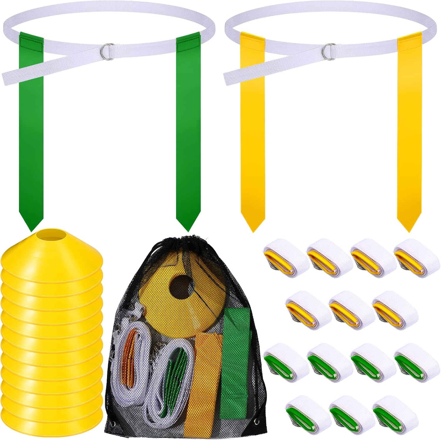 Flag Football Set, 14 Player Adjustable Belts with Cones Includes 14 Easy Tear Away Belts, 28 Football Flags, 12 Cones, 1 Carrying Bag for Youths, Adults Sport Team Training