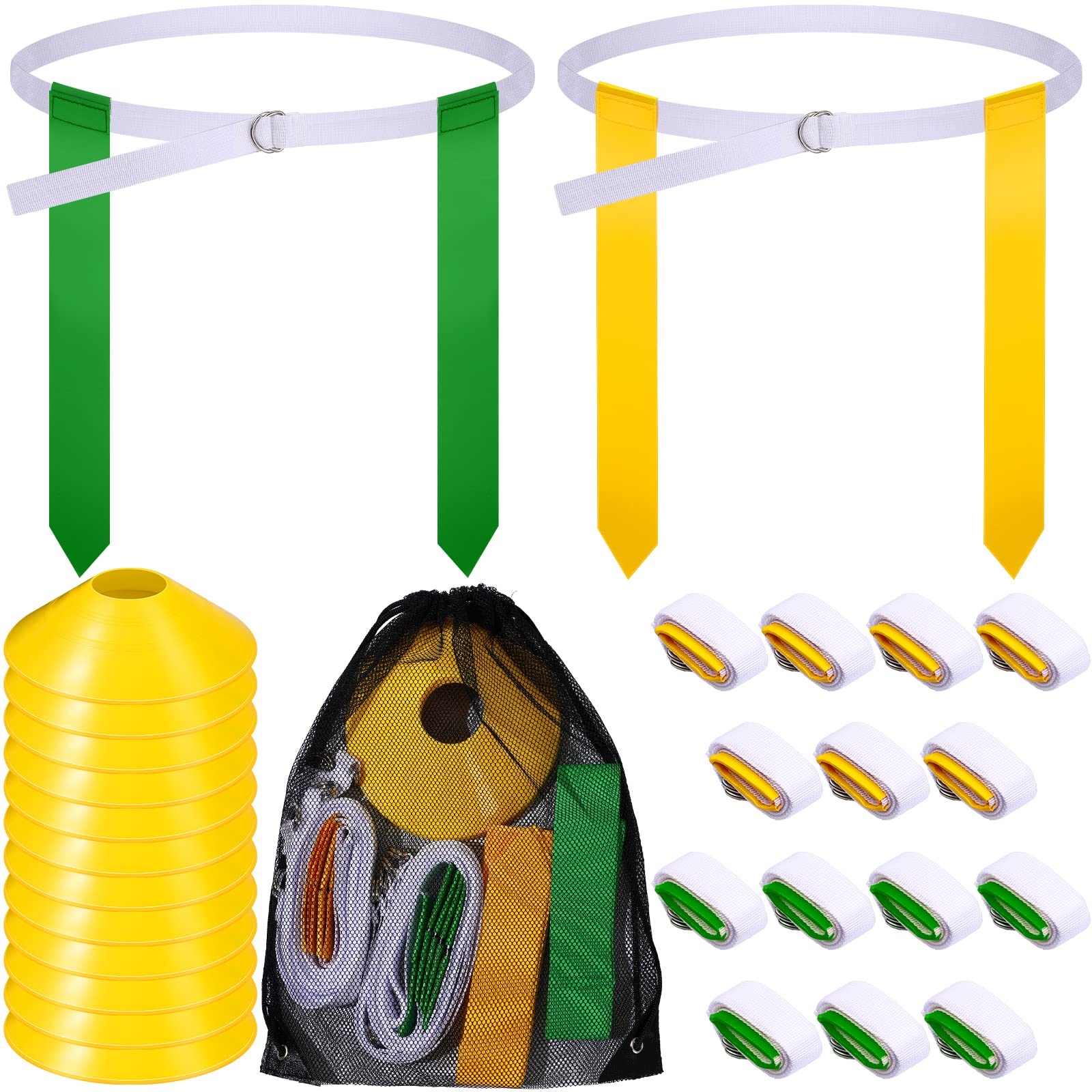 Drapeaux de football jaune et vert avec sac de transport et cônes de sport
