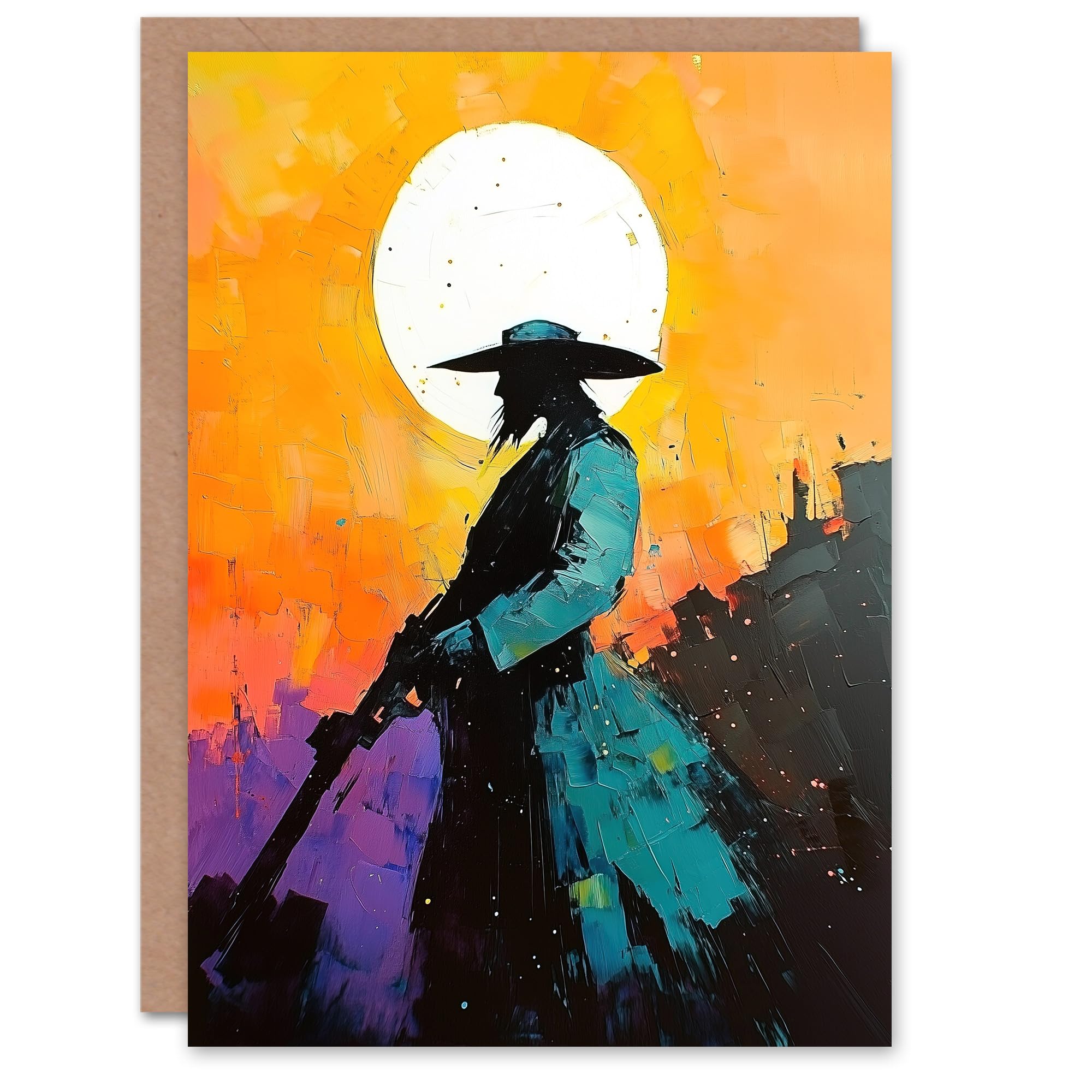 Artery8 Greeting Card Wild West Sunset Desperado Cowboy Concept Art Blank For Him Or Her Art Birthday Card
