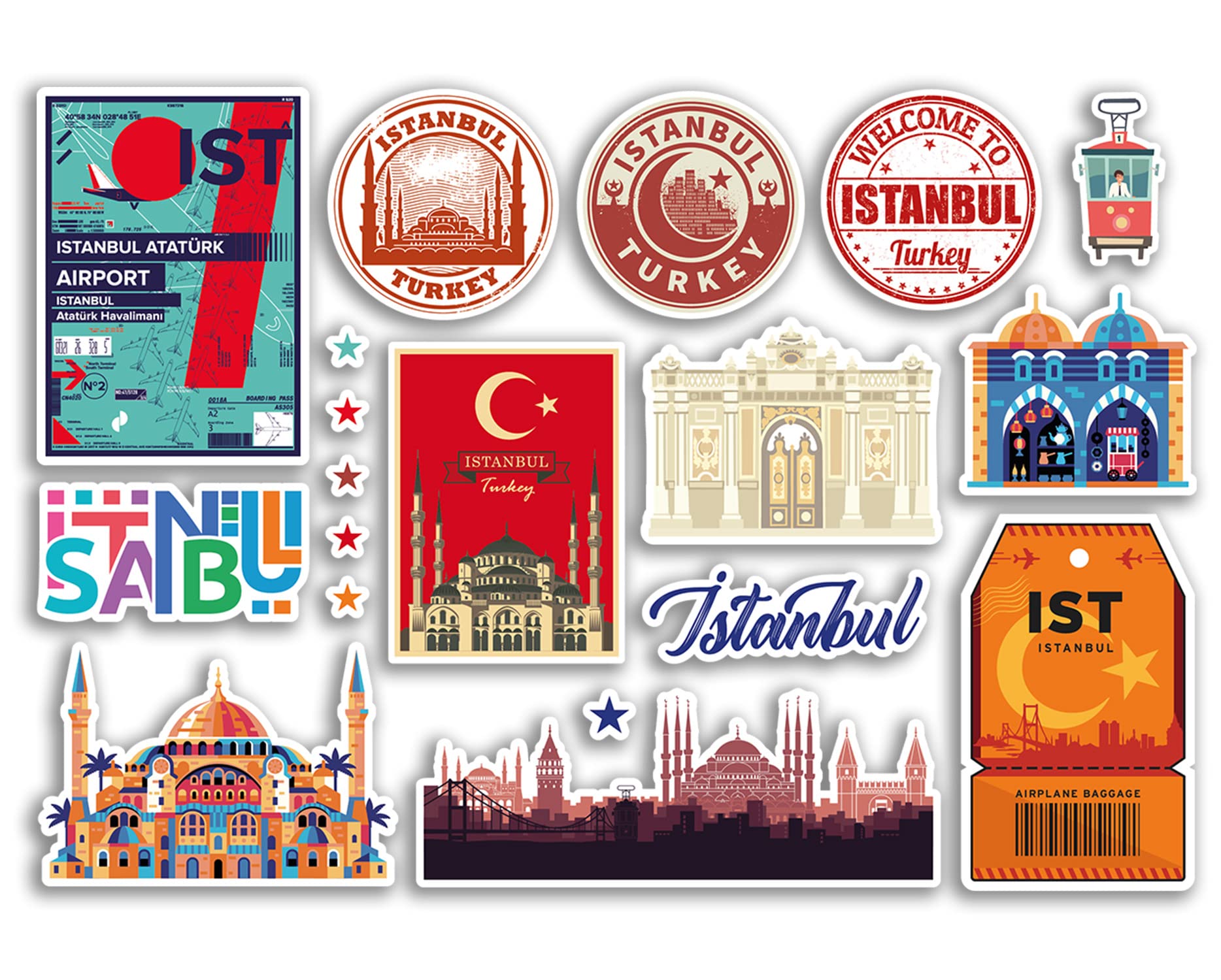 Dv Design Multi A5 Sticker Sheet Istanbul Landmarks Vinyl Stickers - Turkey Airport Stamps Skyline Flag Travel Holiday Trip Scrapbooking City Luggage #79107