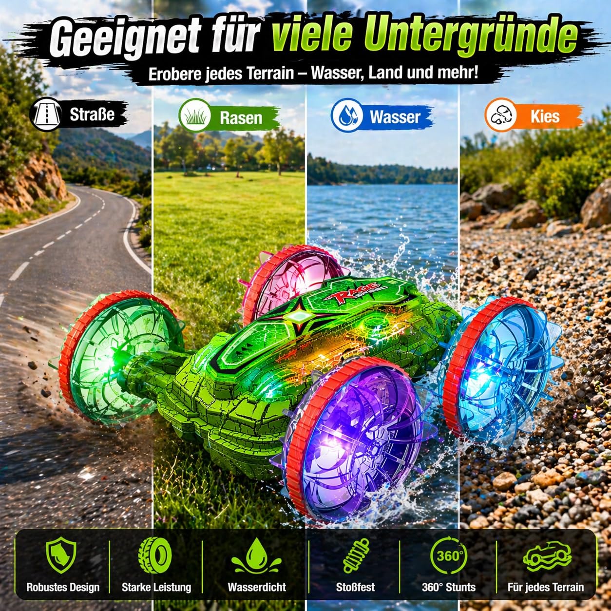 Ferngesteuertes Auto Amphibienfahrzeug Kinder, RC Auto Wasser & Land mit 2 Akku, 360° Drehung, Doppelseitiges Fahren, LED Licht, 2.4GHz RC Truck für Kinder ab 6 7 8 9 10 11 12 Jahre Jungen Mädchen