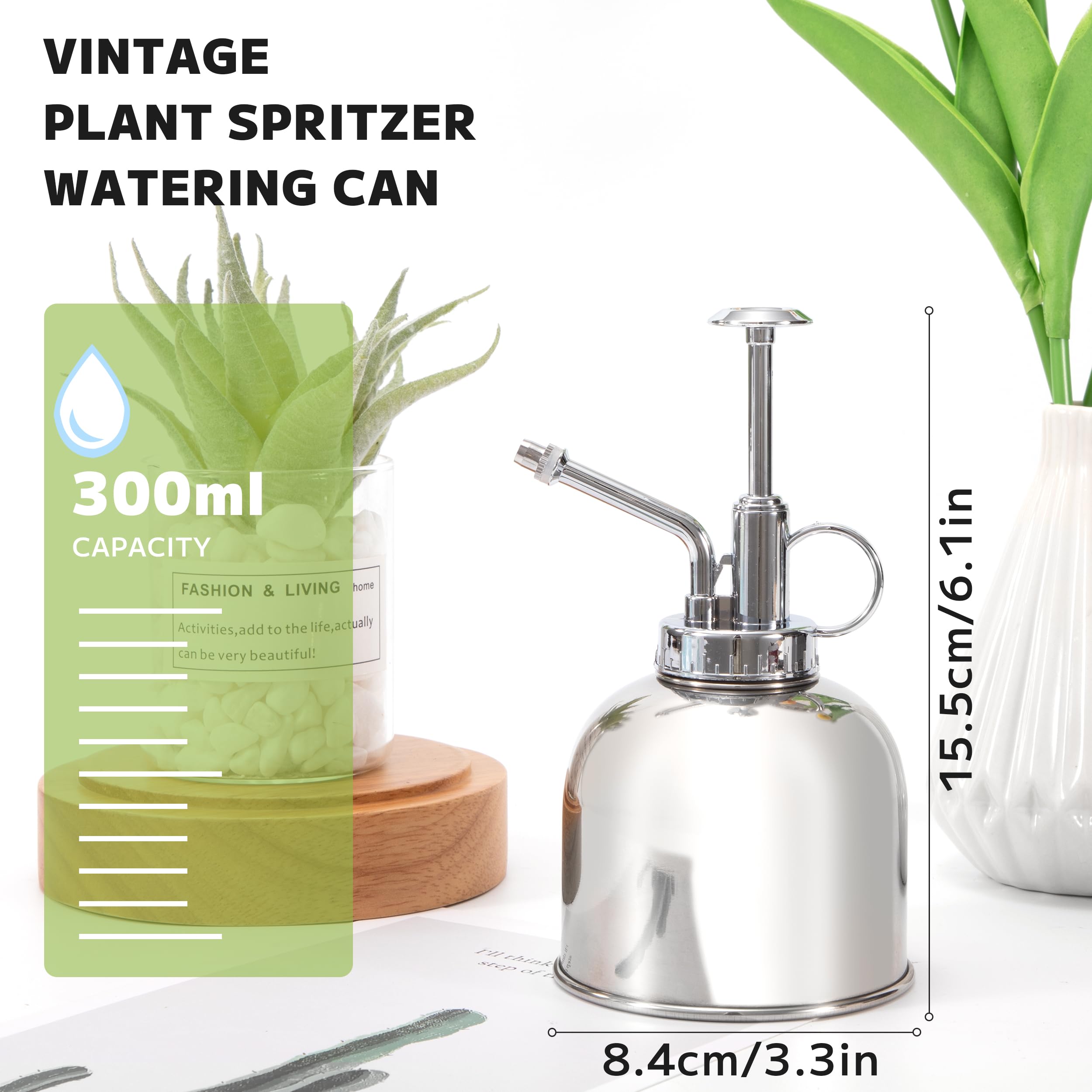 Pulvérisateur à Eau Rétro En Acier Inoxydable 300ml | Brumisateur Pour Plantes D'intérieur Et D'extérieur | Design Vintage Décoratif Avec Pompe