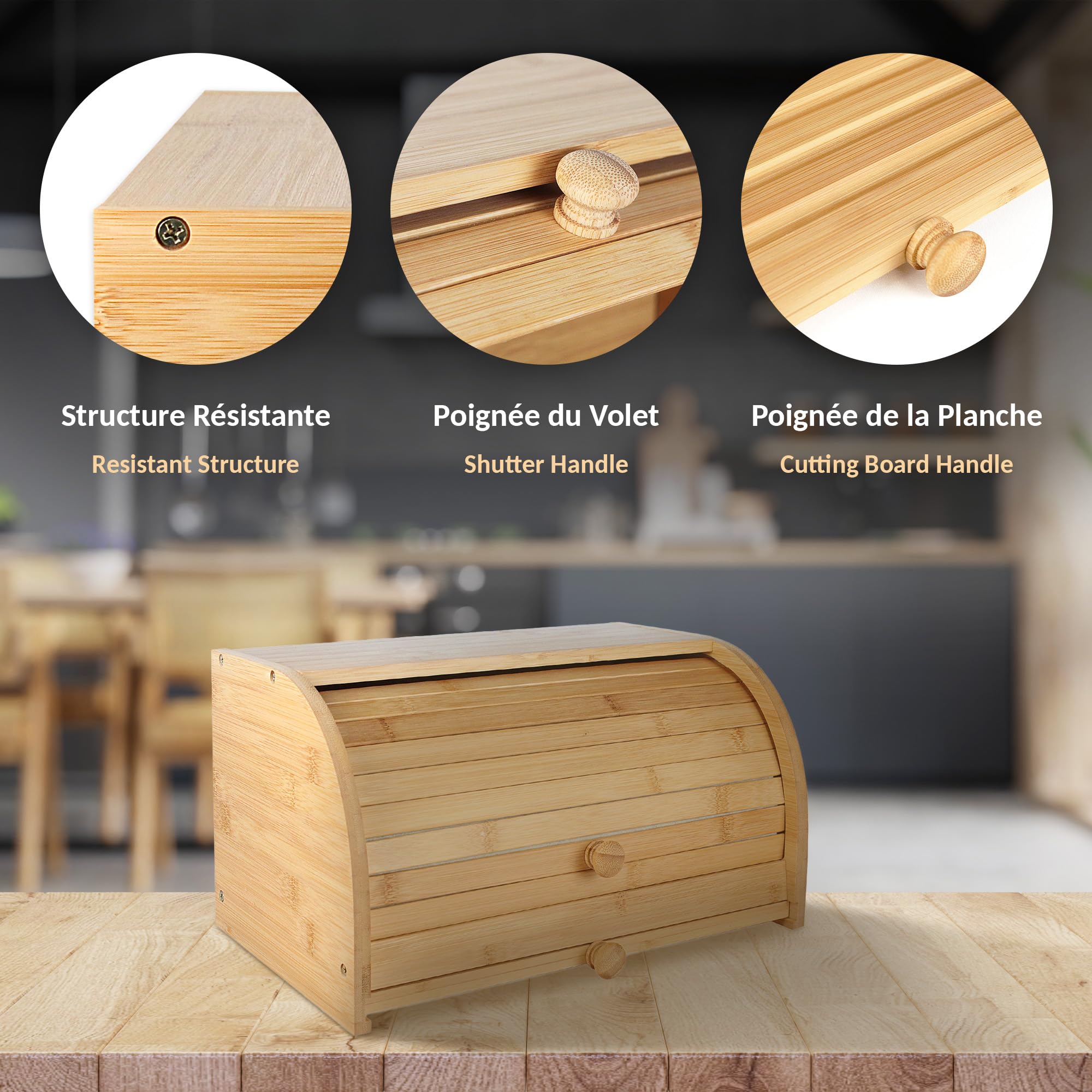 Fishtec - Boîte à Pain en Bambou avec Planche à Découper Intégrée - Récupération des Miettes - Caisse à Pain - Panier à Pain - Porte Coulissante - Idéal pour Conserver Votre Pain - 37 x 23 x 19,7 cm