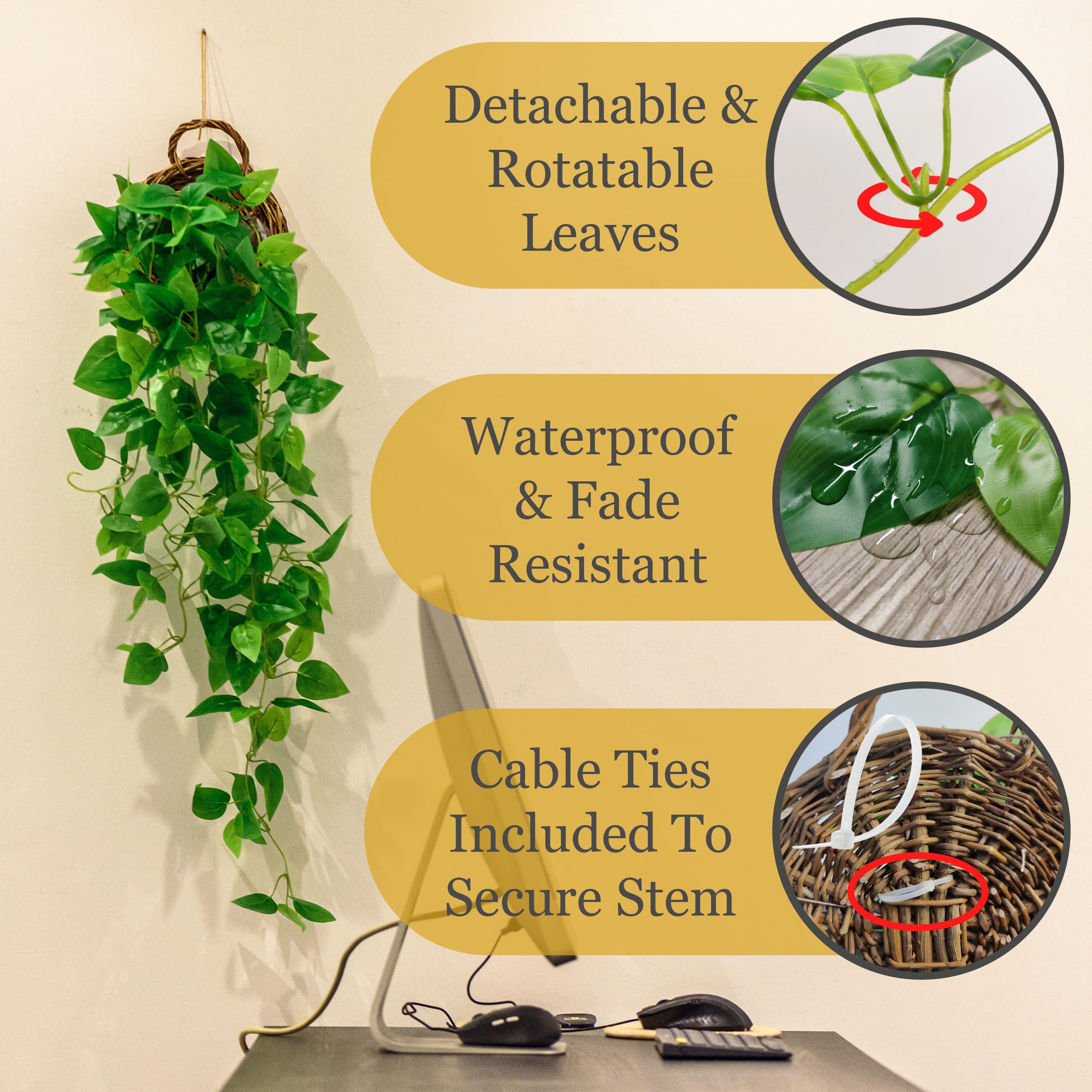 Tapeera Paquete de 2 Plantas Colgantes Falsas con decoración Artificial (con cestas) – Pothos de Hiedra Falsa, Decoraciones al Aire Libre para Patio, Plantas Colgantes Interiores, Vid Colgante