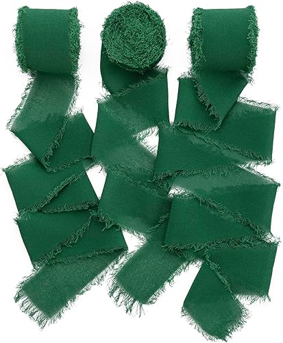 Miniatura 1 de Cinta de gasa, 3 rollos de cinta de gasa de seda con flecos de color verde oscuro hecho a mano de 1.5 pulgadas x 7 yardas, juego de cintas para